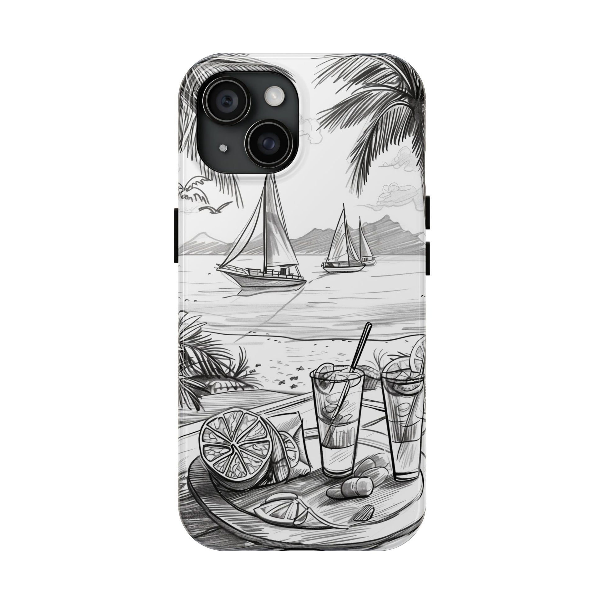Beach Vibes Phone Case: Hand-Drawn Tiki Drinks & Tropical Paradise Design