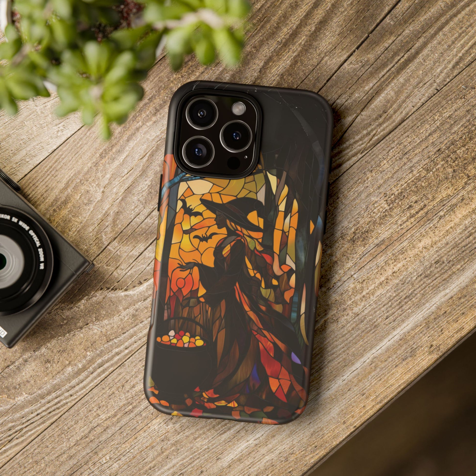 Halloween Witch Stained Glass Effect Dark Academia Spooky Fall Witchy Pumpkin Bats Seasonal Fall Mosaic Case iPhone 13 14 15 16 Pro Max