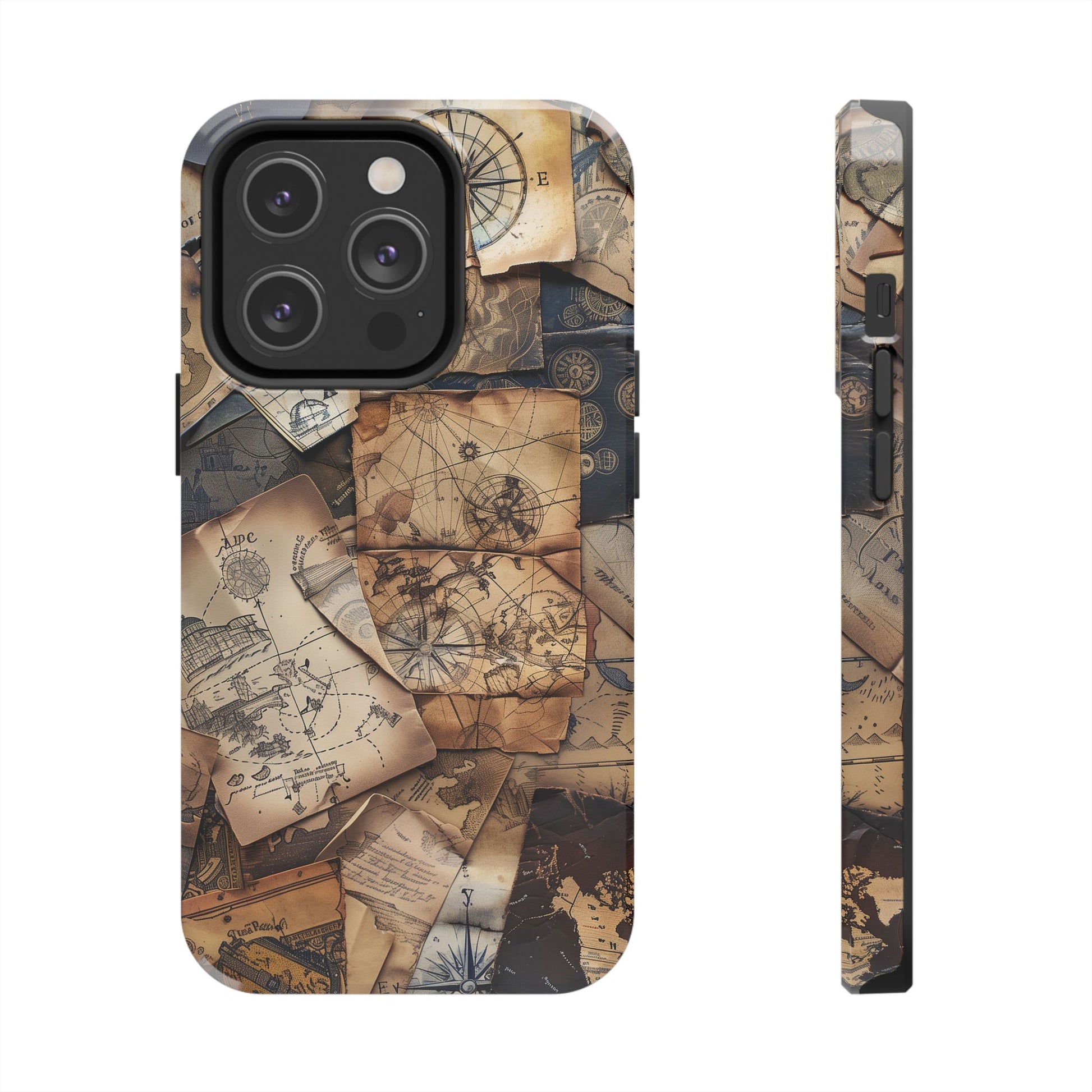 Double Layer Adventure Phone Case - Protective Phone Case Vintage Map and Compass Design - Dual Layer Case with Map Print