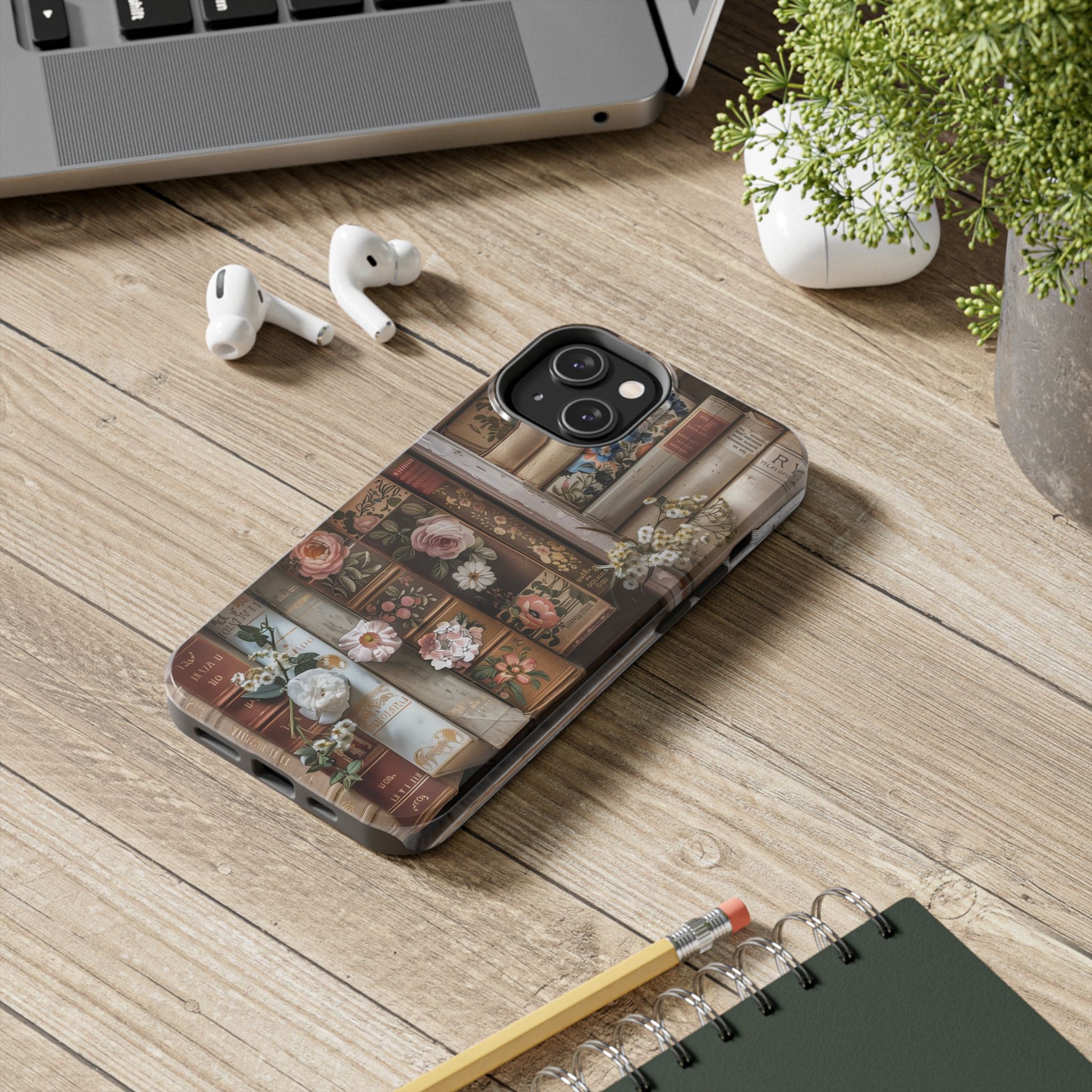 Vintage Book Stack Cottagecore Phone Case, Books with Floral Decor, Leather & Cloth Fliral iPhone Case, Pastel Roses Daisies Wildflowers