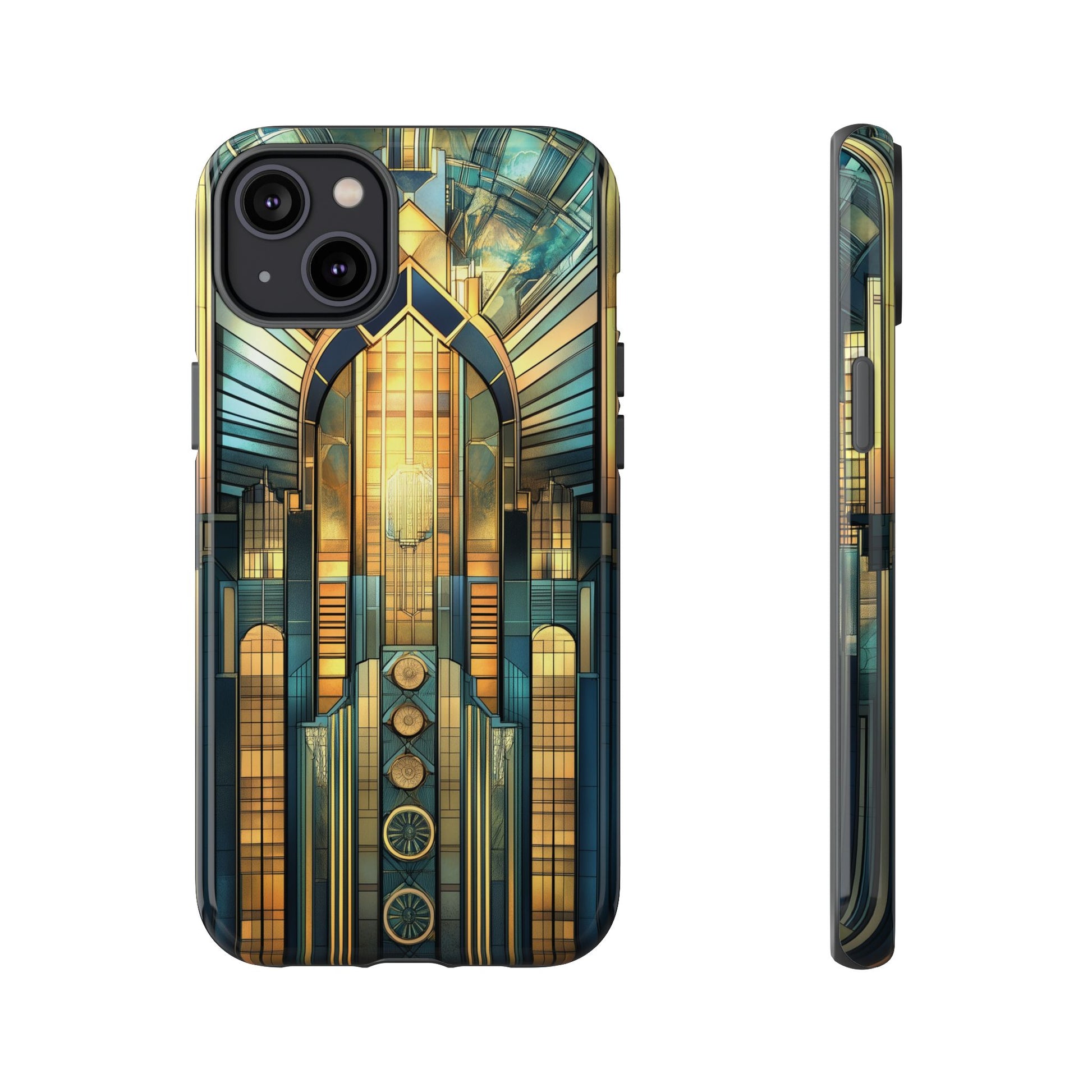 Phone Case Art Deco City Frank Lloyd Wright Teal Gold Protective Covers, Stylish Accessories, Great Gatsby Noir Nouveau iPhone 14 15 16 Pro