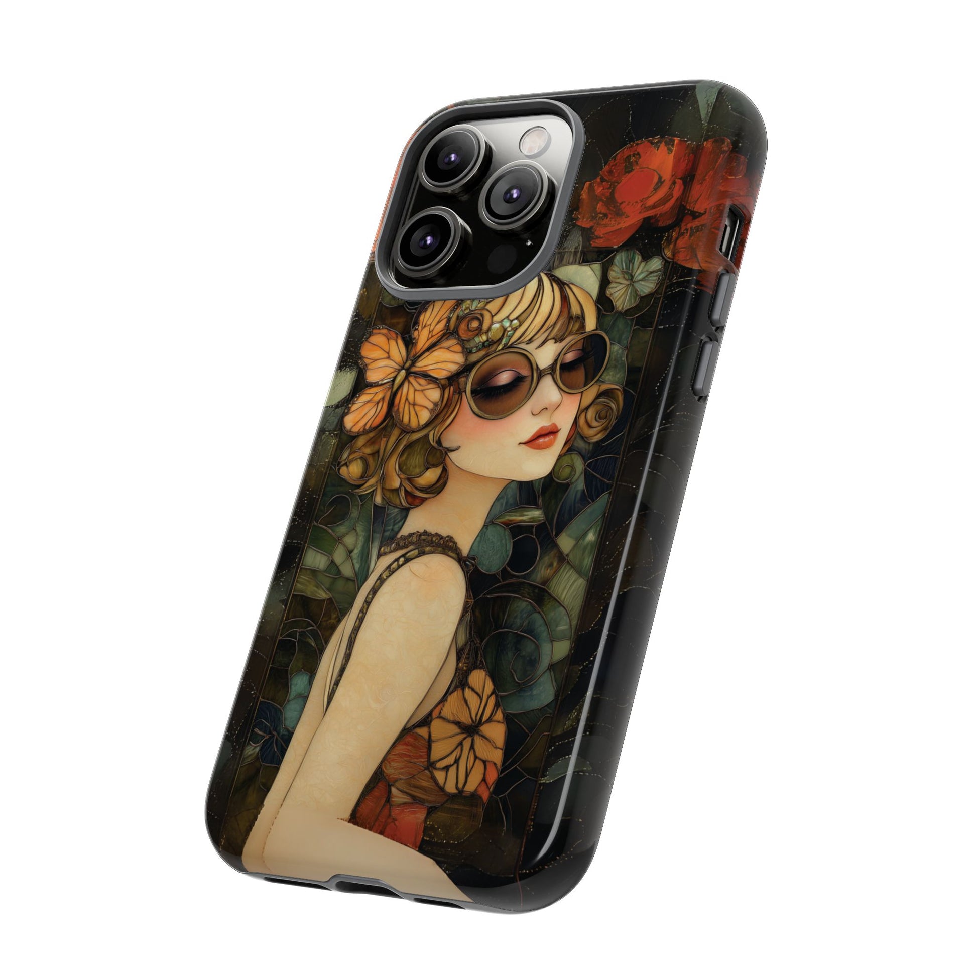 Butterfly Art Deco Flapper Woman Mosaic Phone Case 1920s Art Nouveau Design in Red Stained Glass Alphonse Mucha Style Gatsby Style Poster