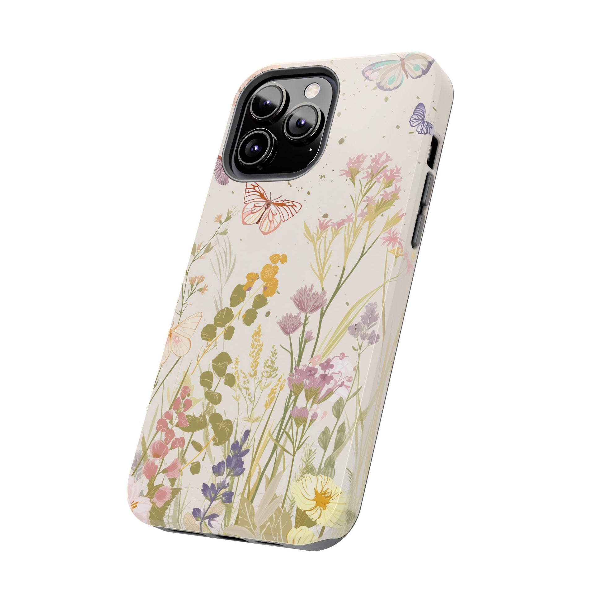 Butterfly Meadow Scene Cottagecore iPhone 15, Pastel Wildflowers & Butterflies, Natural iPhone Case, Cottagecore Garden Case, iPhone 14