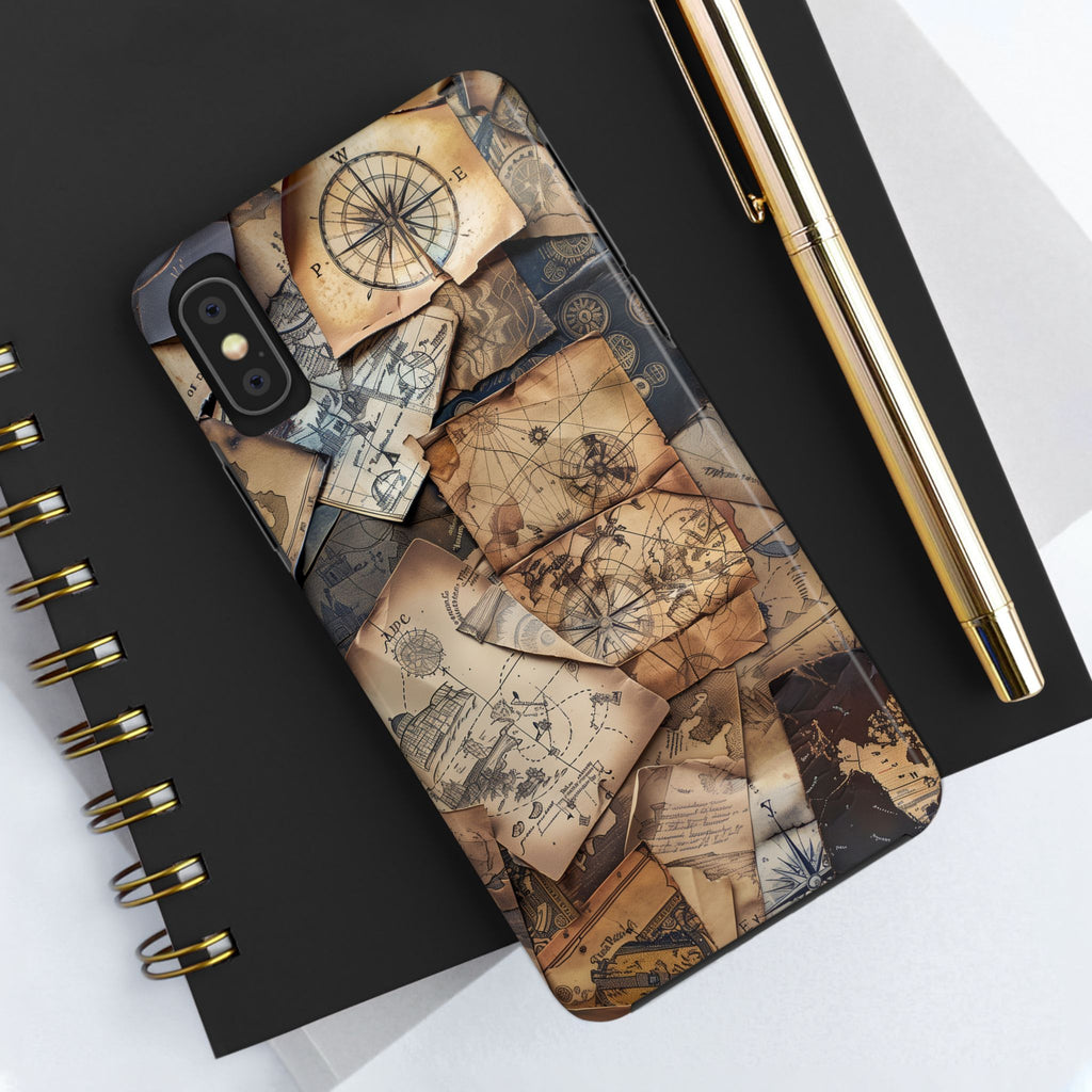 Double Layer Adventure Phone Case - Protective Phone Case Vintage Map and Compass Design - Dual Layer Case with Map Print