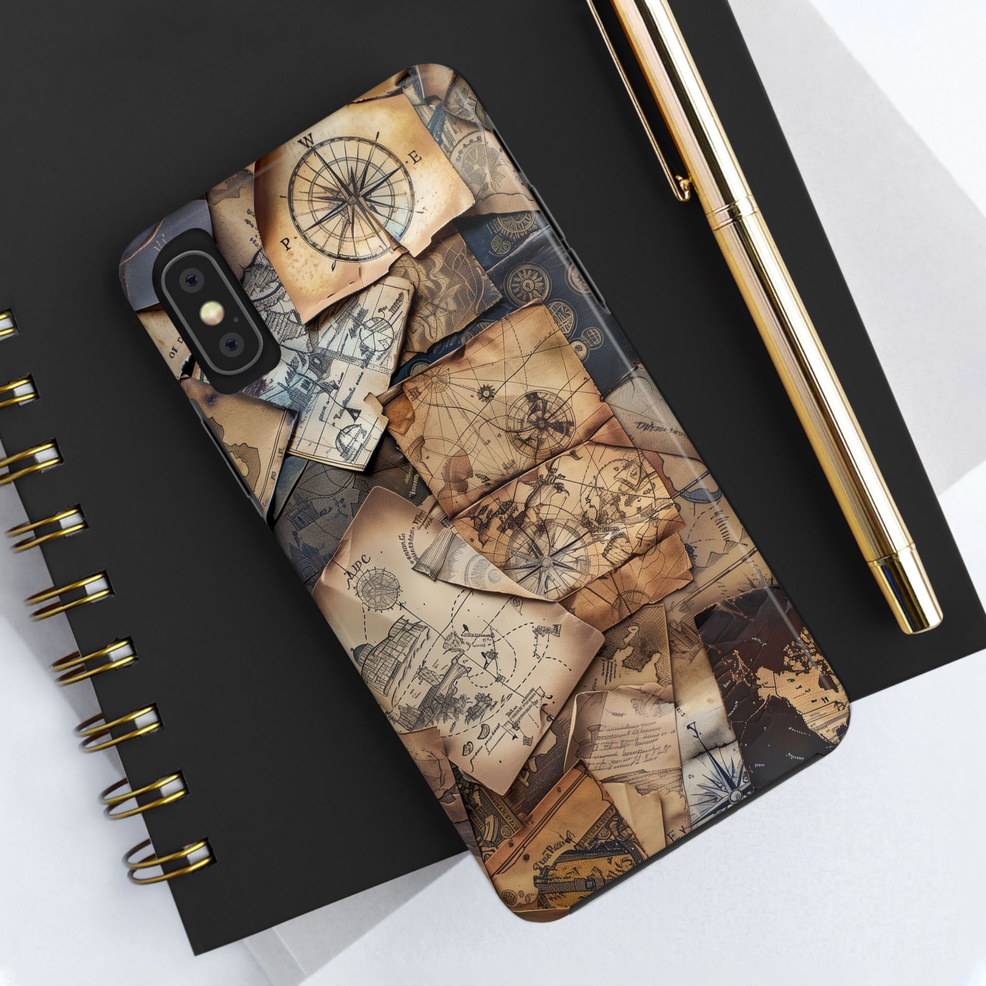 Double Layer Adventure Phone Case - Protective Phone Case Vintage Map and Compass Design - Dual Layer Case with Map Print