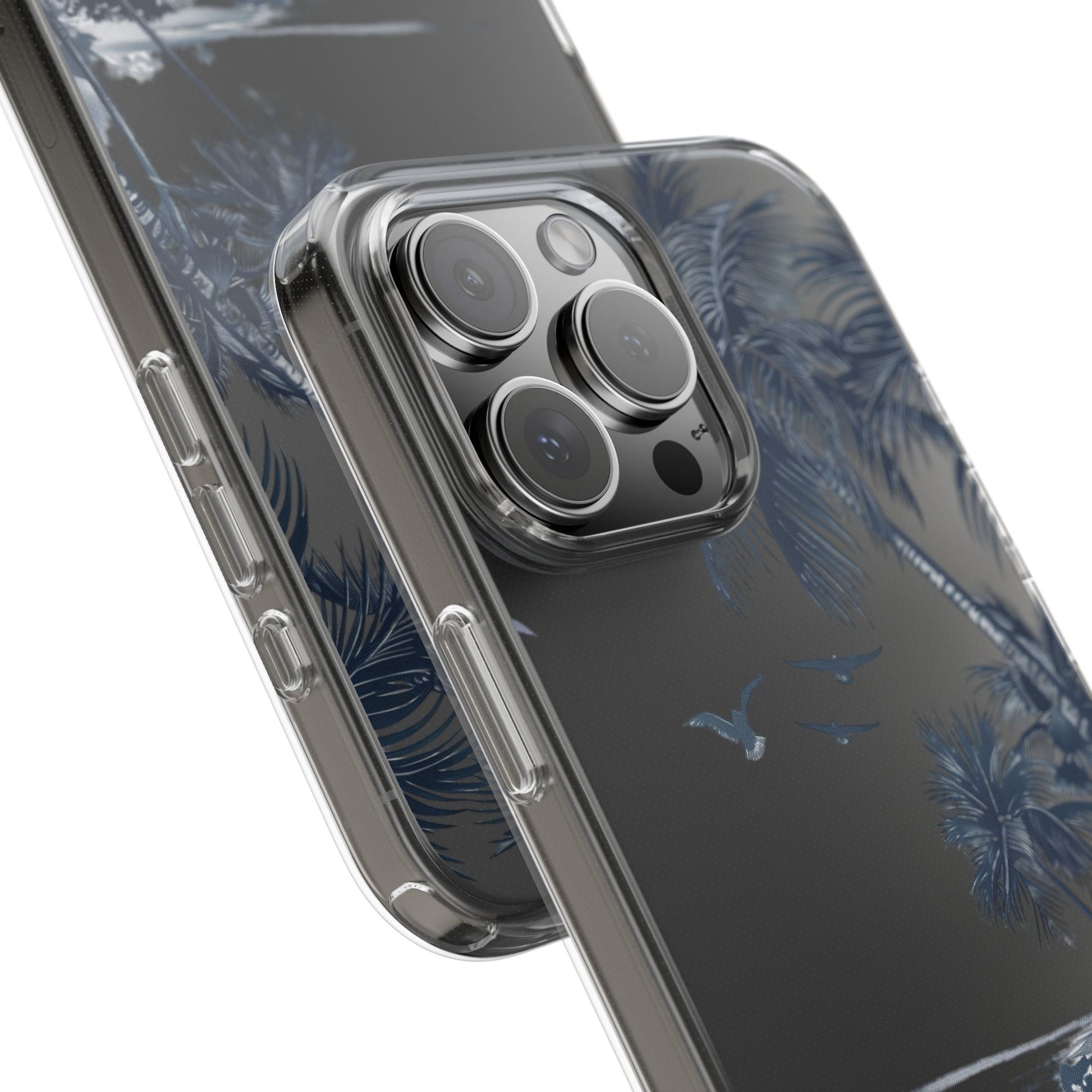 Hand-Drawn Art Beach Scene Clear Phone Case Tropical Palm Trees Surfing iPhone 13 14 15 16 Pro Max Galaxy S23
