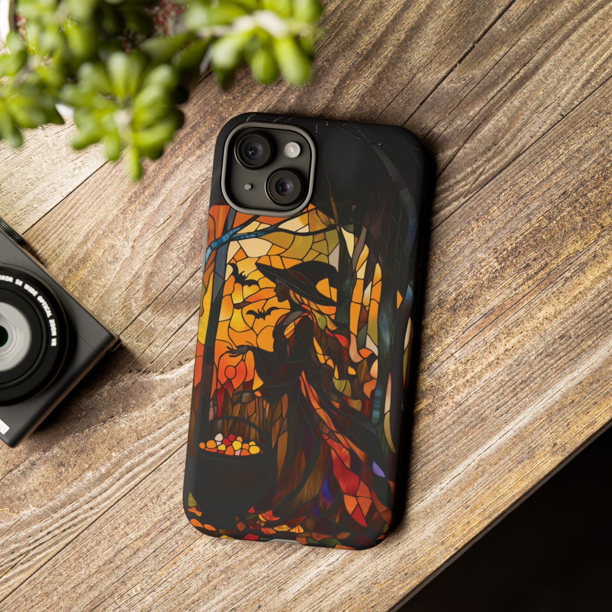 Halloween Witch Stained Glass Effect Dark Academia Spooky Fall Witchy Pumpkin Bats Seasonal Fall Mosaic Case iPhone 13 14 15 16 Pro Max