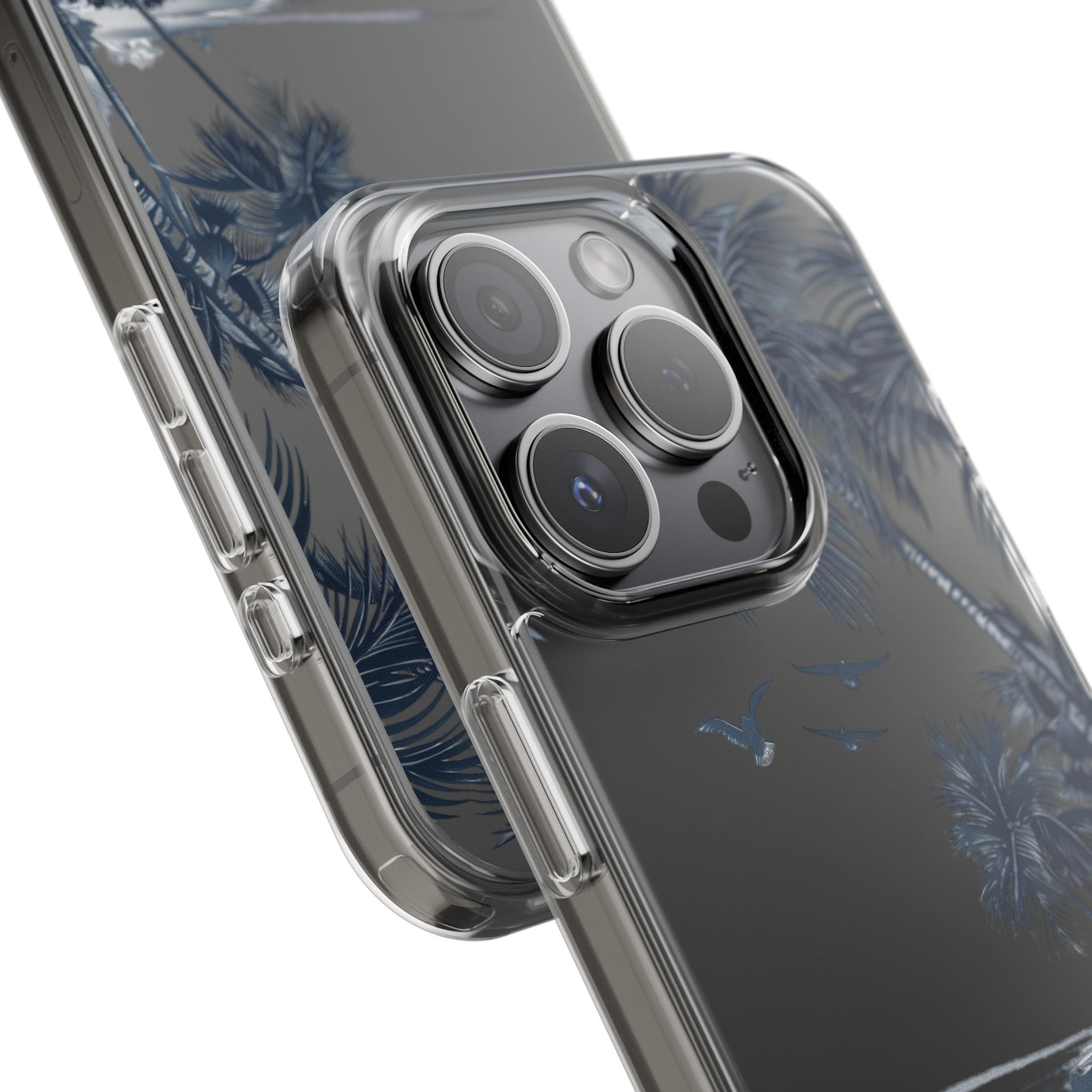 Hand-Drawn Art Beach Scene Clear Phone Case Tropical Palm Trees Surfing iPhone 13 14 15 16 Pro Max Galaxy S23