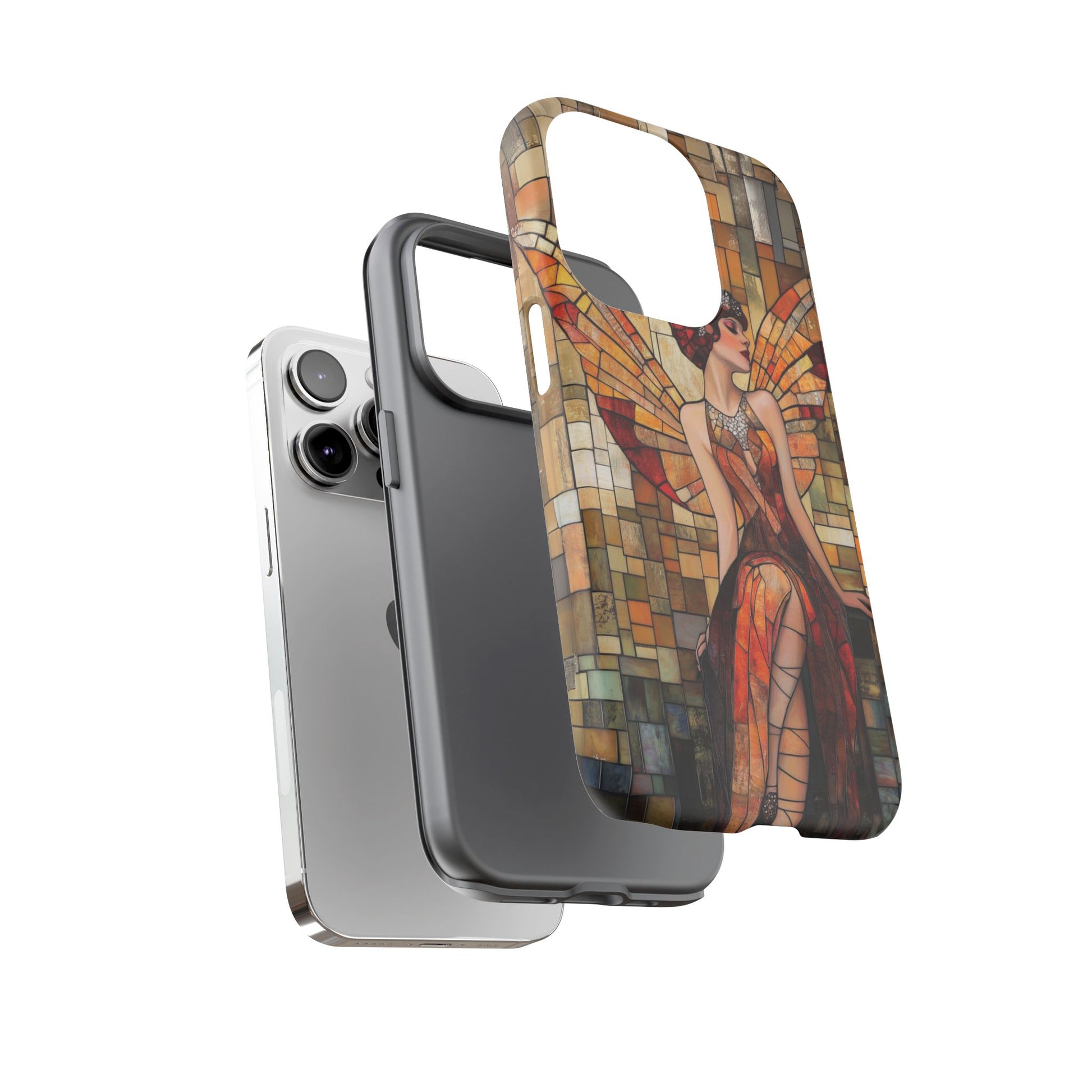 Phone Case Art Deco Flapper Fairy Woman Mosaic Stained 1920s Art Nouveau Design in Red Yellow Orange Alphonse Mucha Gatsby Style Poster