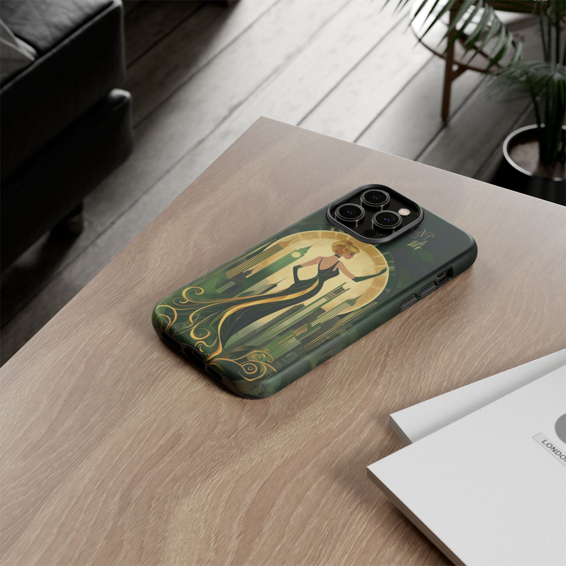 Emerald City Art Deco Flapper Woman Phone Case 1920s Art Nouveau Design in Emerald & Gold Alphonse Mucha Style Gatsby Style Poster