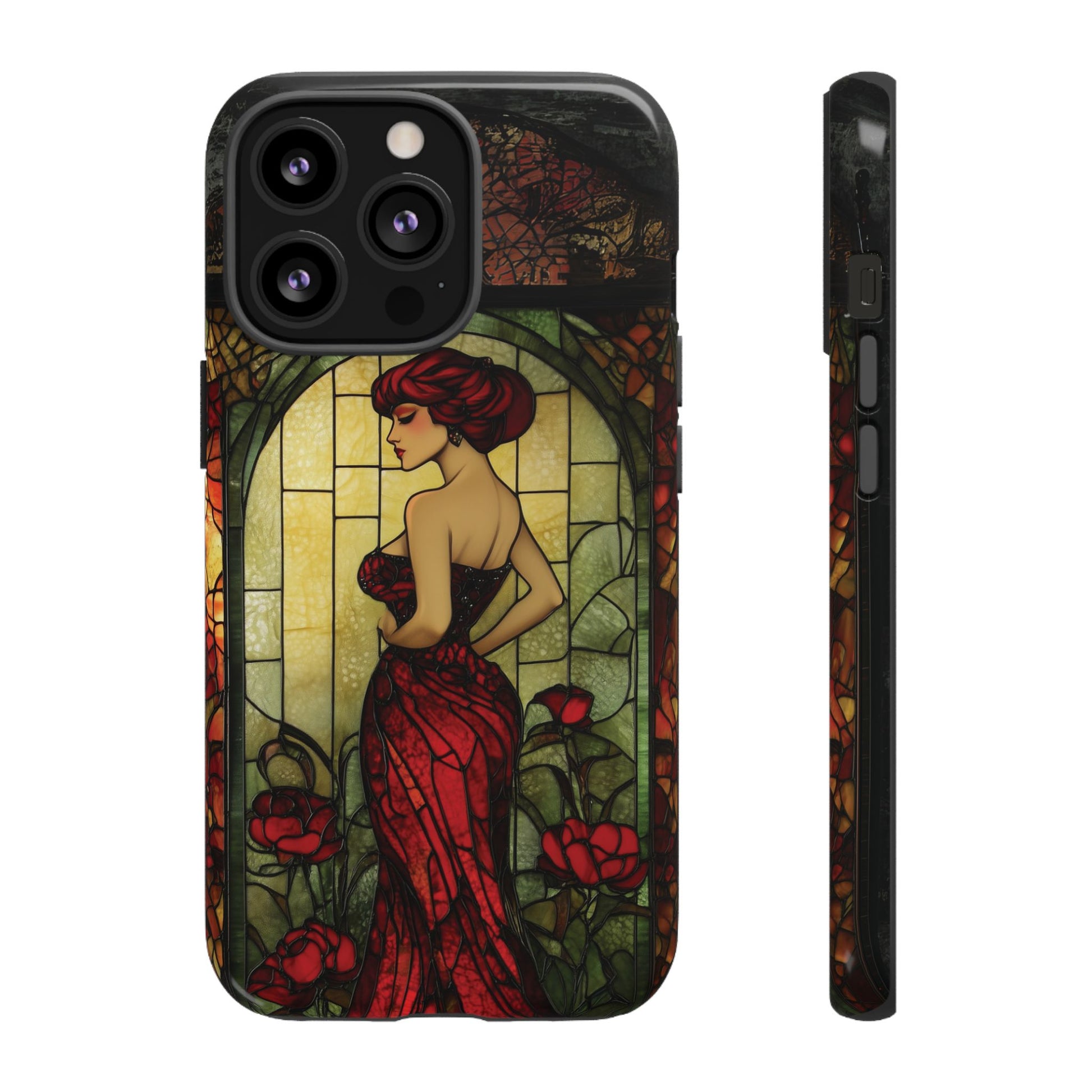 Art Deco Flapper Woman Rose Phone Case 1920s Art Nouveau Design in Red Stained Glass Alphonse Mucha Style Gatsby Style Poster