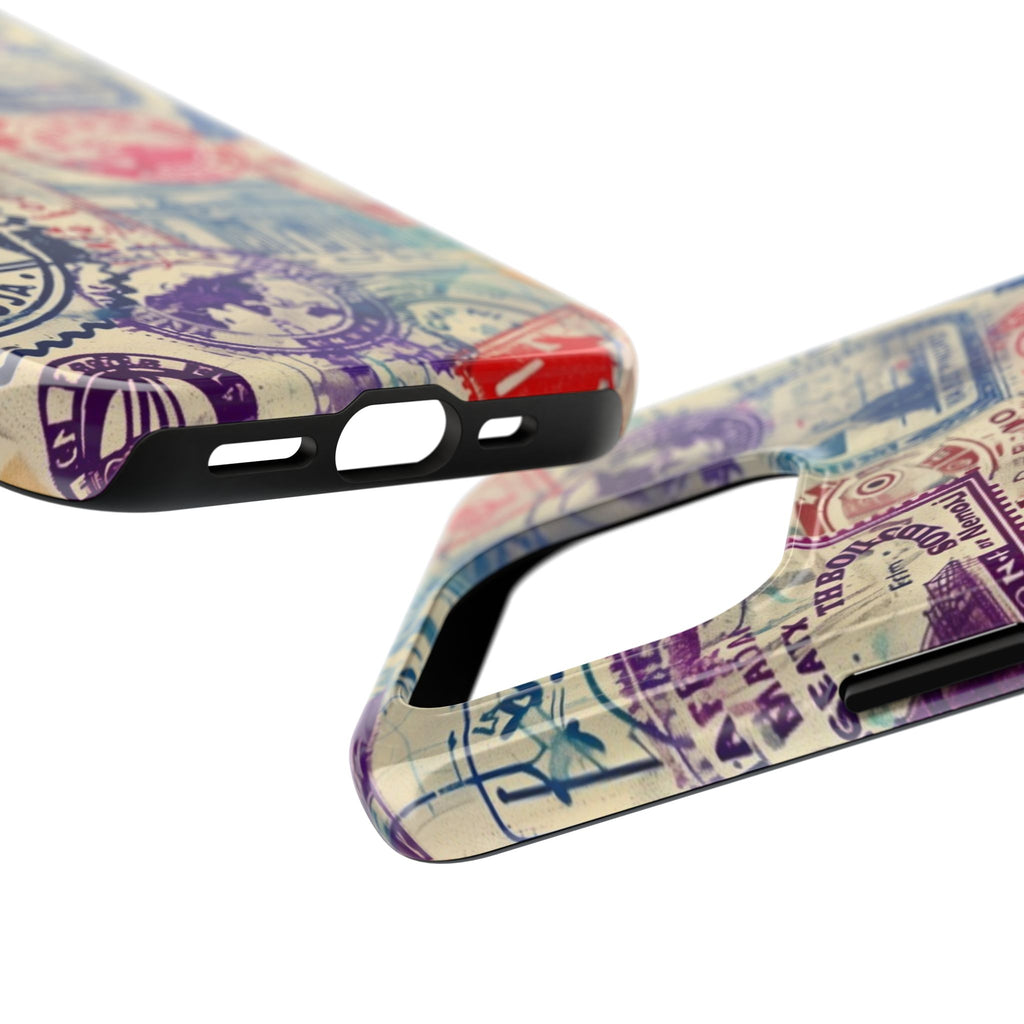 Travel Stamps Tough Phone Case - Durable Vintage Travel Stamps Design - Adventure Inspired Phone Case - Protective Case with travel stamps