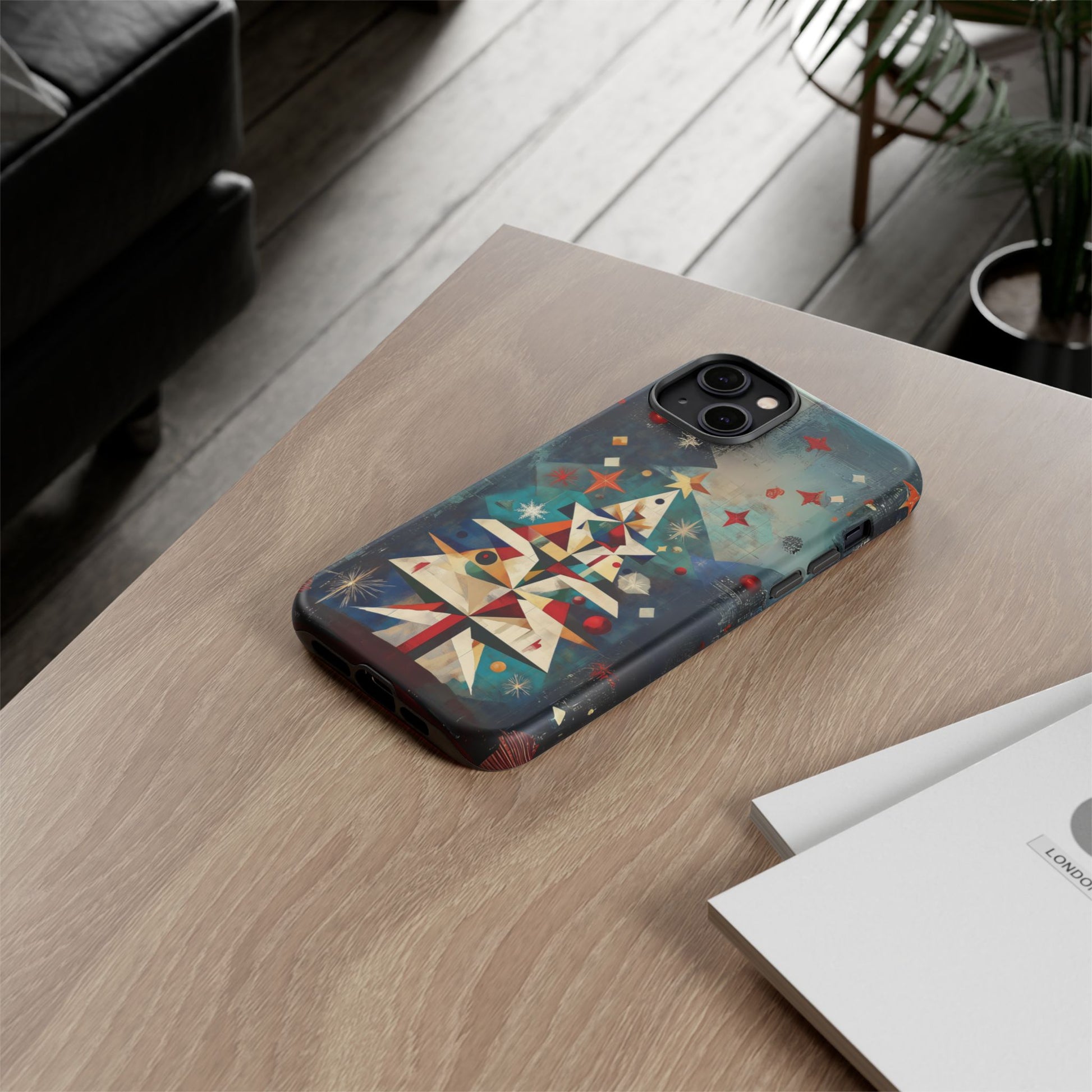 Mosaic Festive Christmas Tree Art Deco Stained Glass Phone Case Rankin Bass Style MidMod Design iPhone 13 14 15 16 Pro Max Pixel Galaxy
