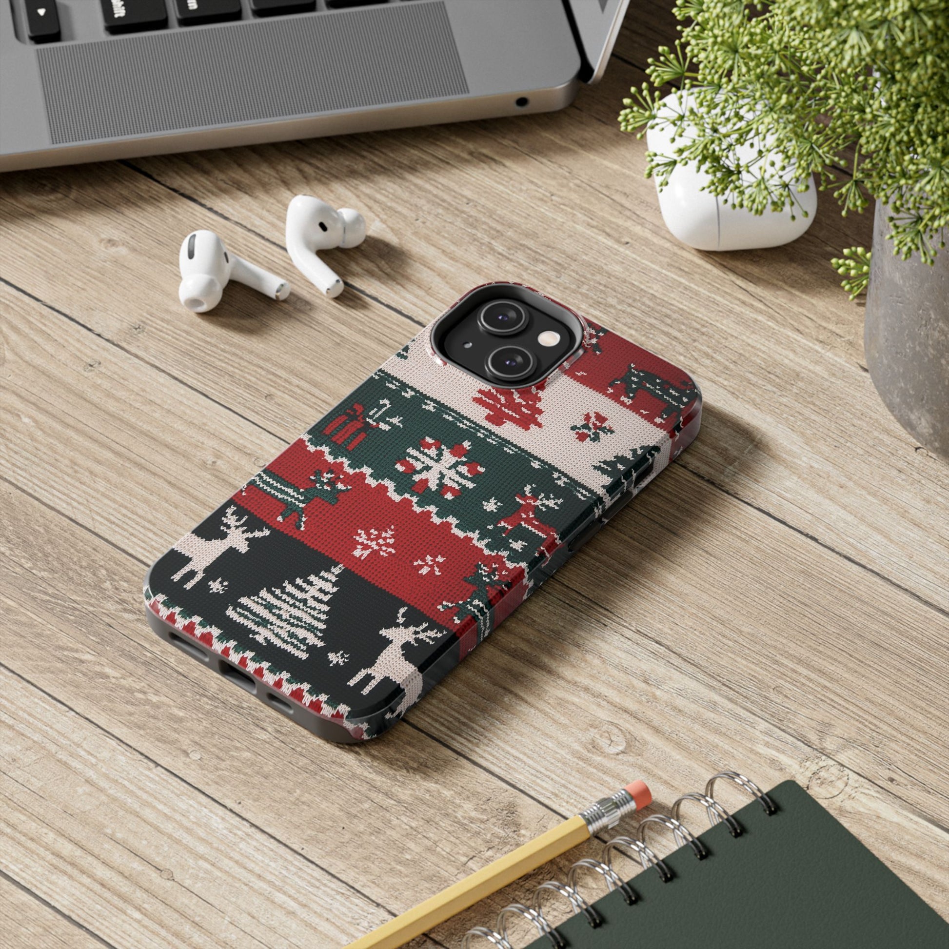 Ugly Christmas Sweater Phone Case Festive 3D Knit Textured Red White Green Holiday Knit Design Tree Reindeer iPhone 13 14 15 16 Pro Max
