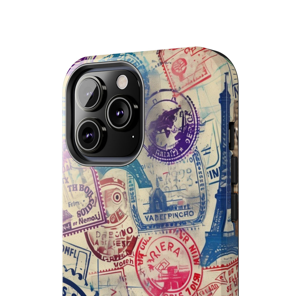 Travel Stamps Tough Phone Case - Durable Vintage Travel Stamps Design - Adventure Inspired Phone Case - Protective Case with travel stamps