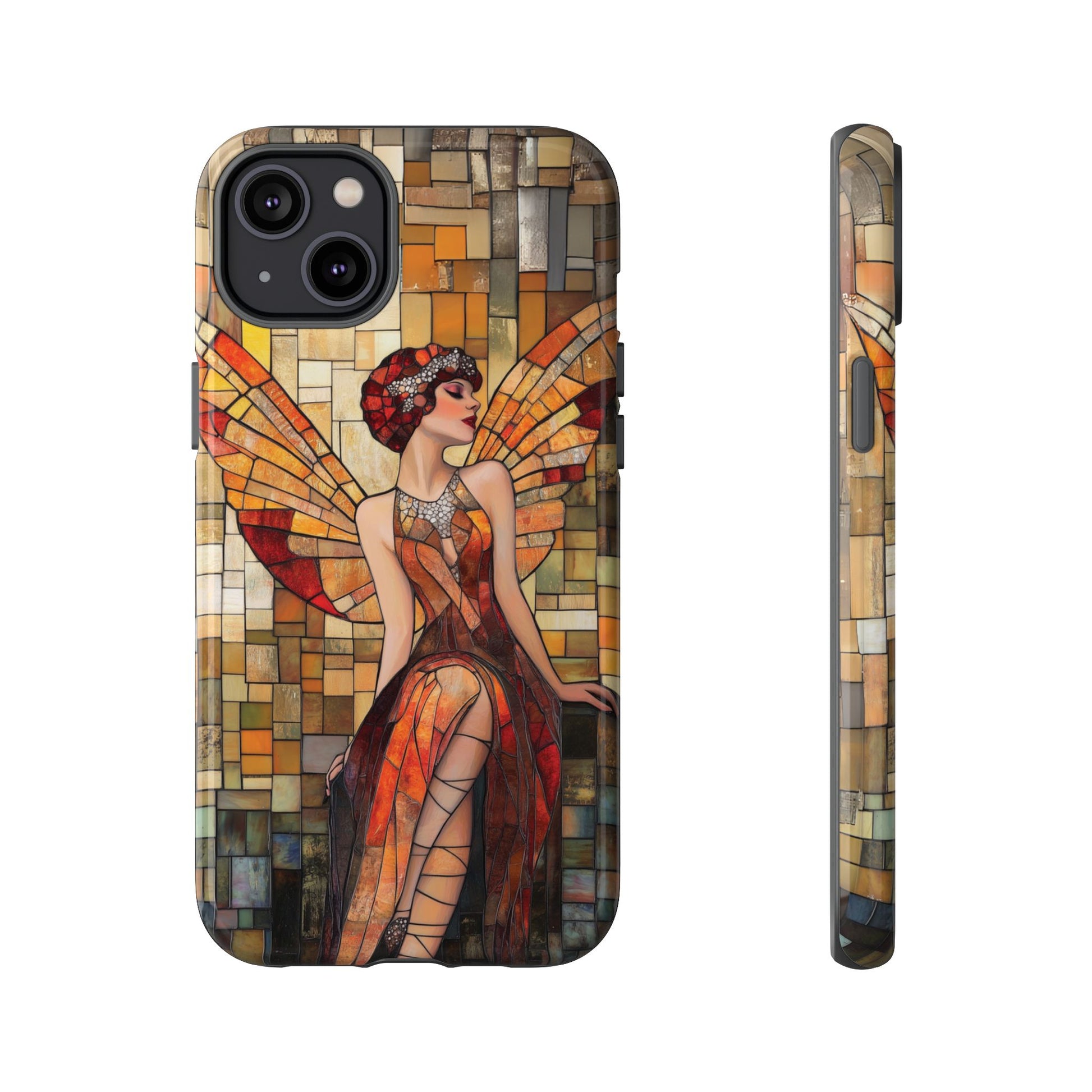 Phone Case Art Deco Flapper Fairy Woman Mosaic Stained 1920s Art Nouveau Design in Red Yellow Orange Alphonse Mucha Gatsby Style Poster