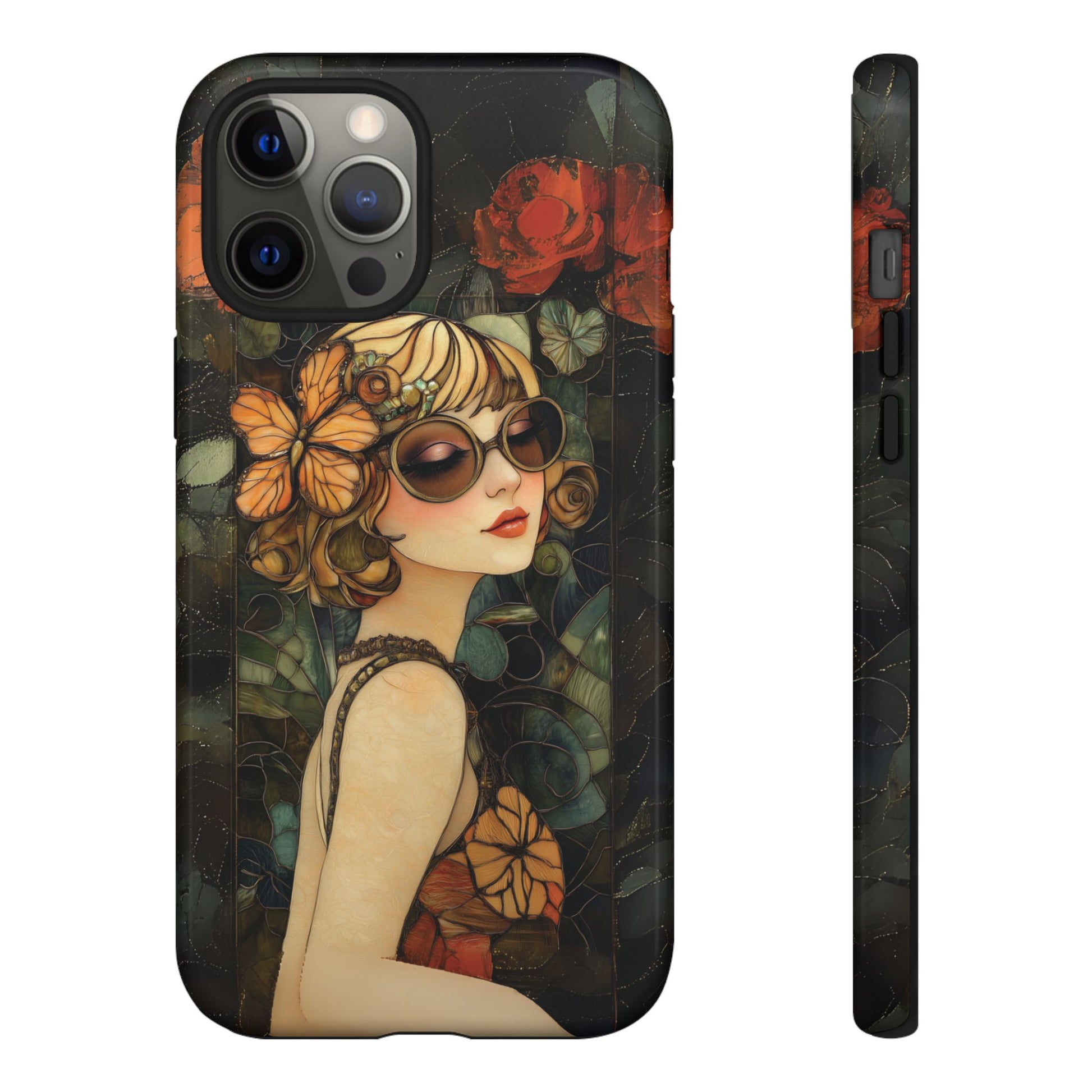 Butterfly Art Deco Flapper Woman Mosaic Phone Case 1920s Art Nouveau Design in Red Stained Glass Alphonse Mucha Style Gatsby Style Poster