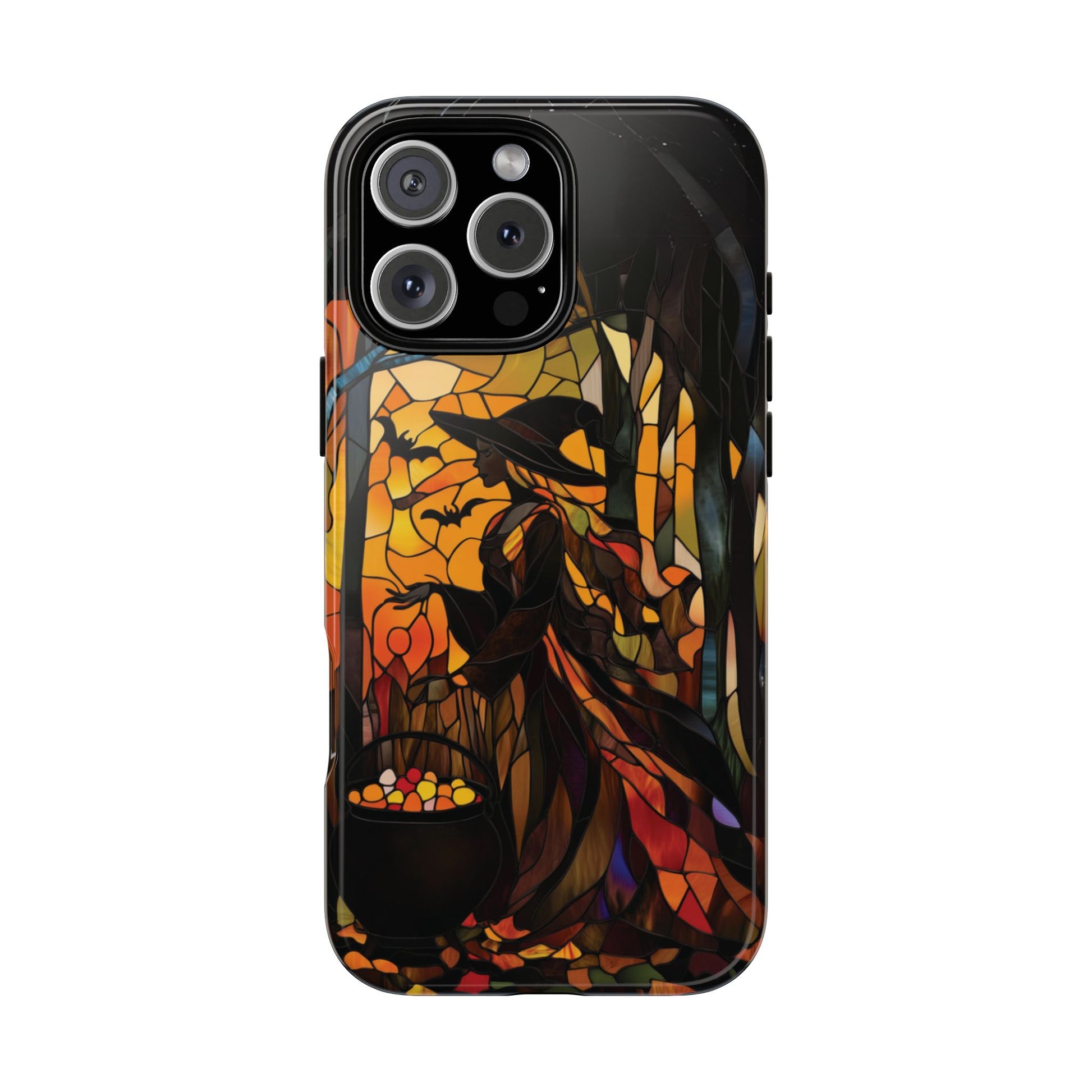 Halloween Witch Stained Glass Effect Dark Academia Spooky Fall Witchy Pumpkin Bats Seasonal Fall Mosaic Case iPhone 13 14 15 16 Pro Max