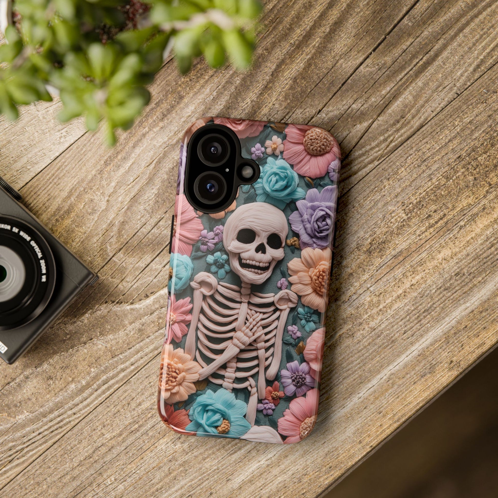 Embroidered Skeleton Gothic Cottagecore Halloween Phone Case 3D Look Flowers Pastel Custom 13 14 15 16 Pro Max Plus Galaxy Pixel