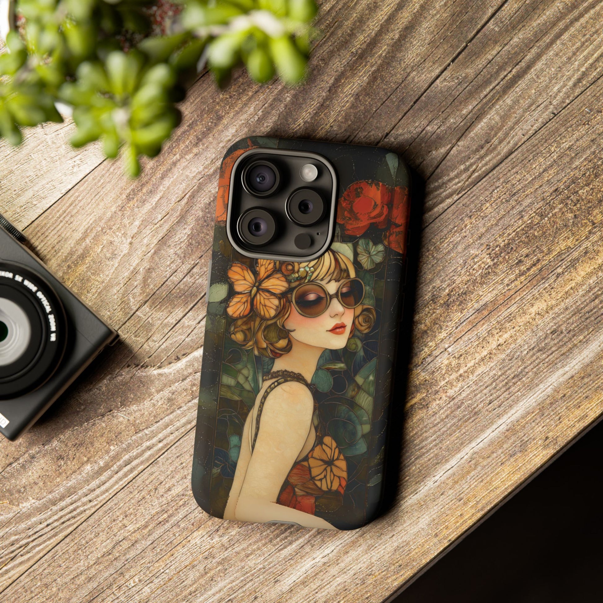 Butterfly Art Deco Flapper Woman Mosaic Phone Case 1920s Art Nouveau Design in Red Stained Glass Alphonse Mucha Style Gatsby Style Poster
