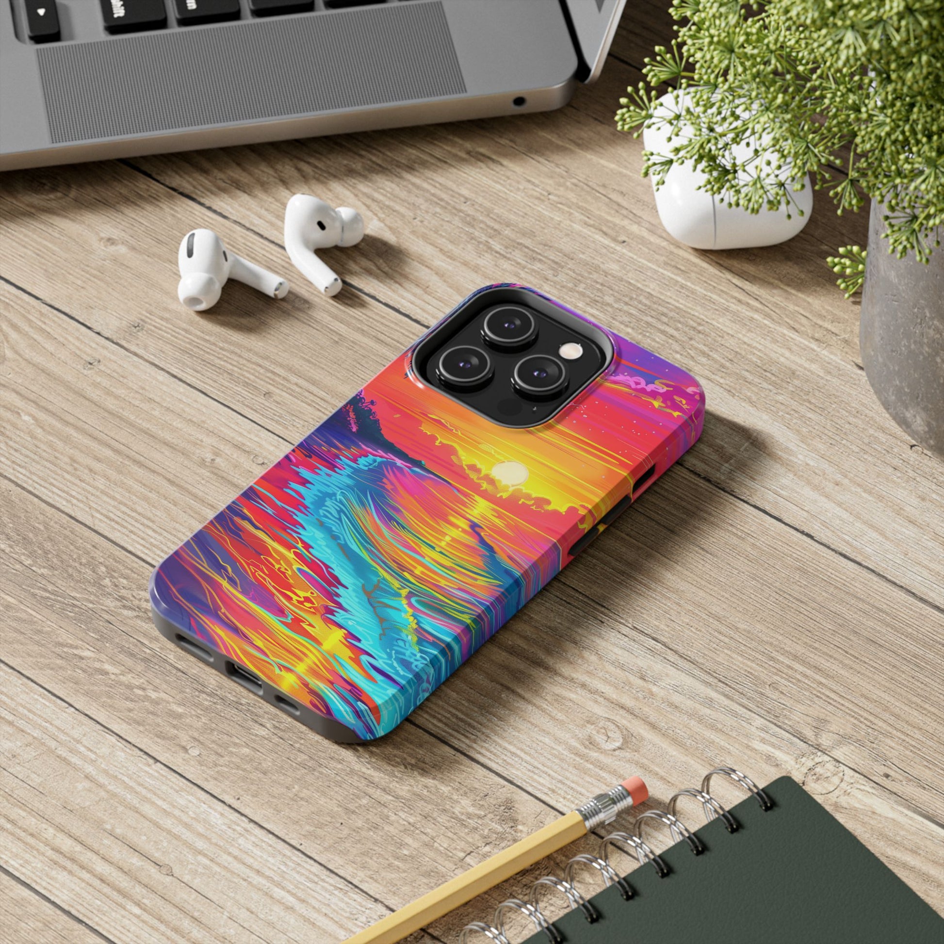 Tough Beach Sunrise Phone Case - Durable Case Lisa Frank Inspired Beach Art - Vibrant Beach Design - Colorful Phone Case for Beach Lovers