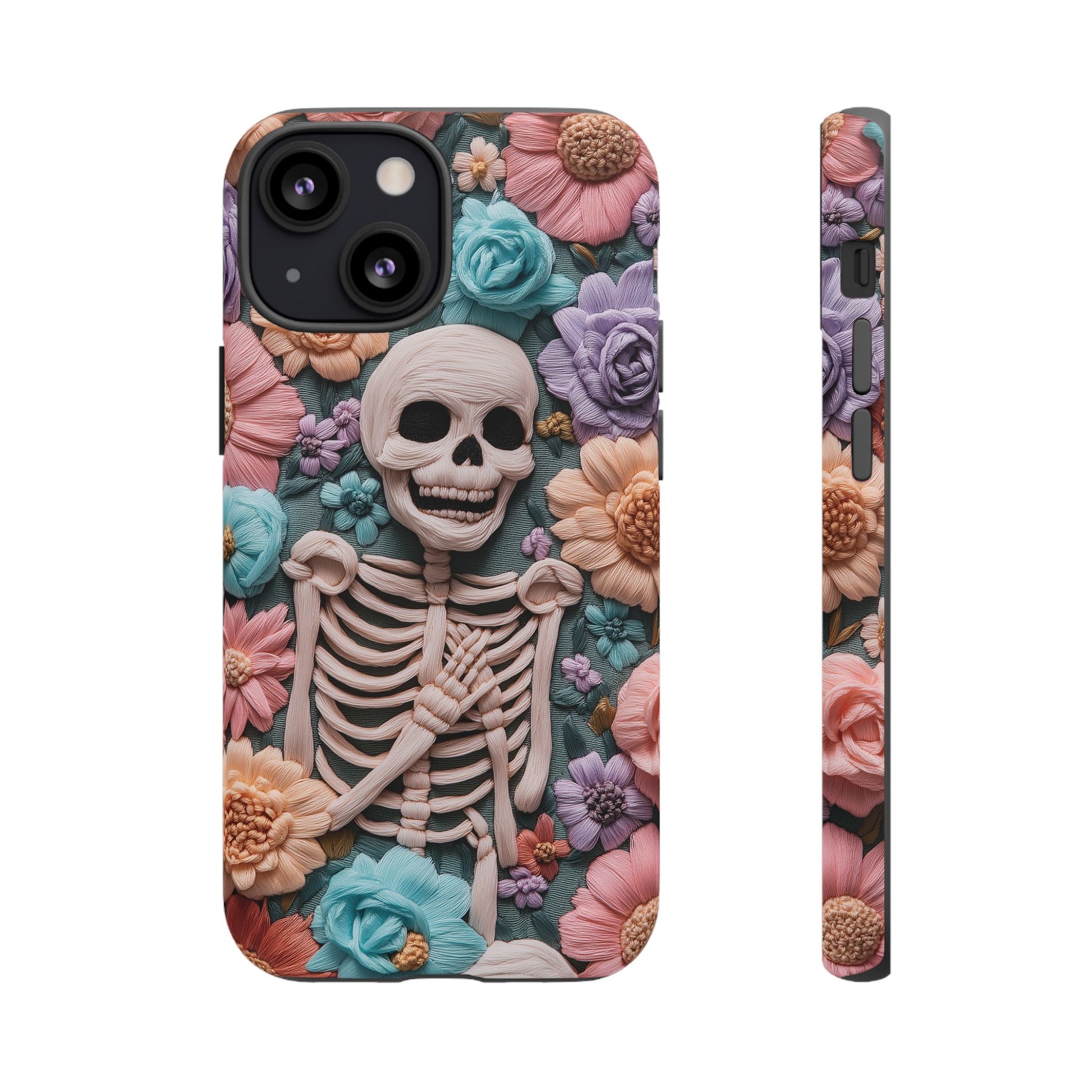Embroidered Skeleton Gothic Cottagecore Halloween Phone Case 3D Look Flowers Pastel Custom 13 14 15 16 Pro Max Plus Galaxy Pixel