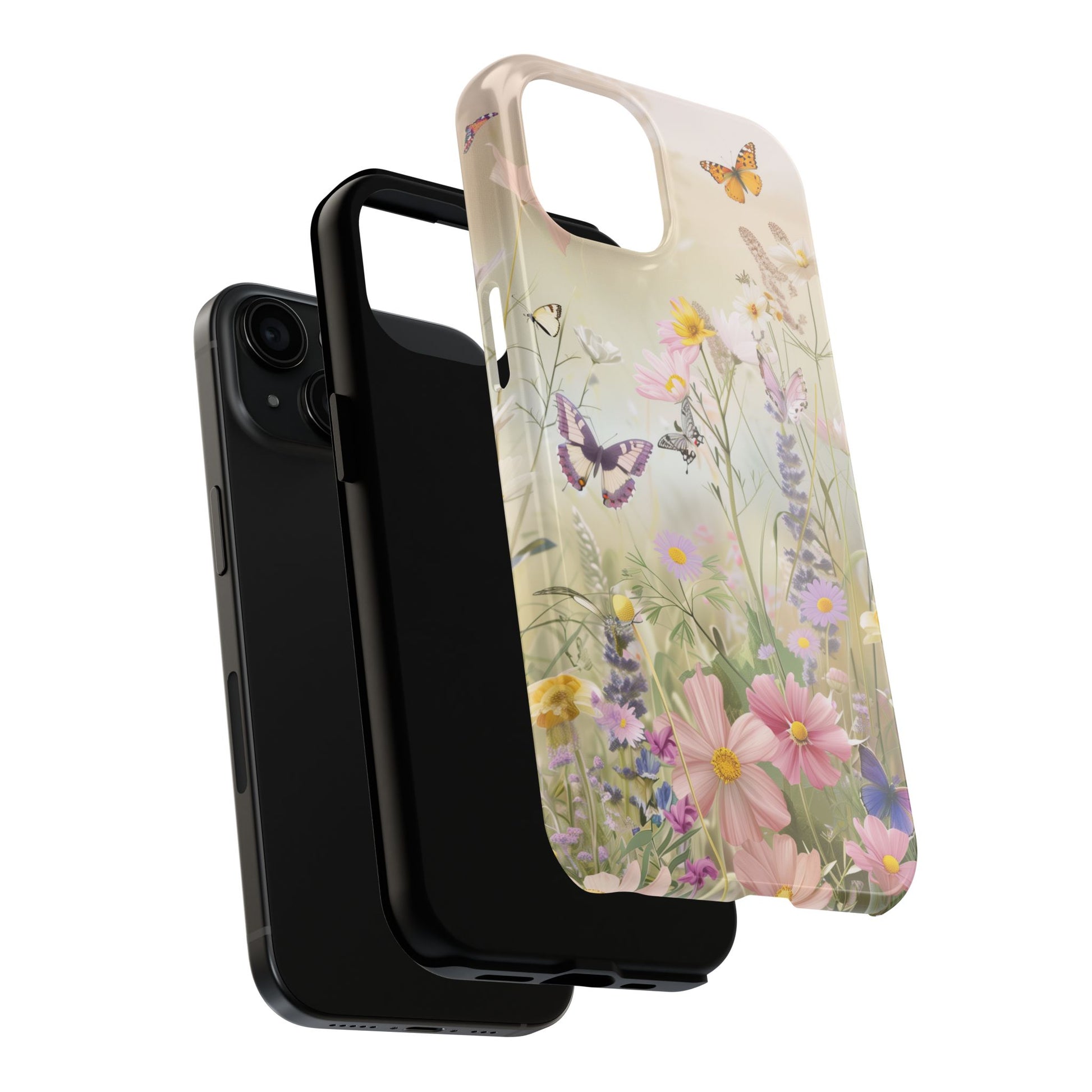 Butterfly Meadow Scene Cottagecore iPhone 15, Pastel Wildflowers & Butterflies, Natural iPhone Case, Cottagecore Garden Case, iPhone 14
