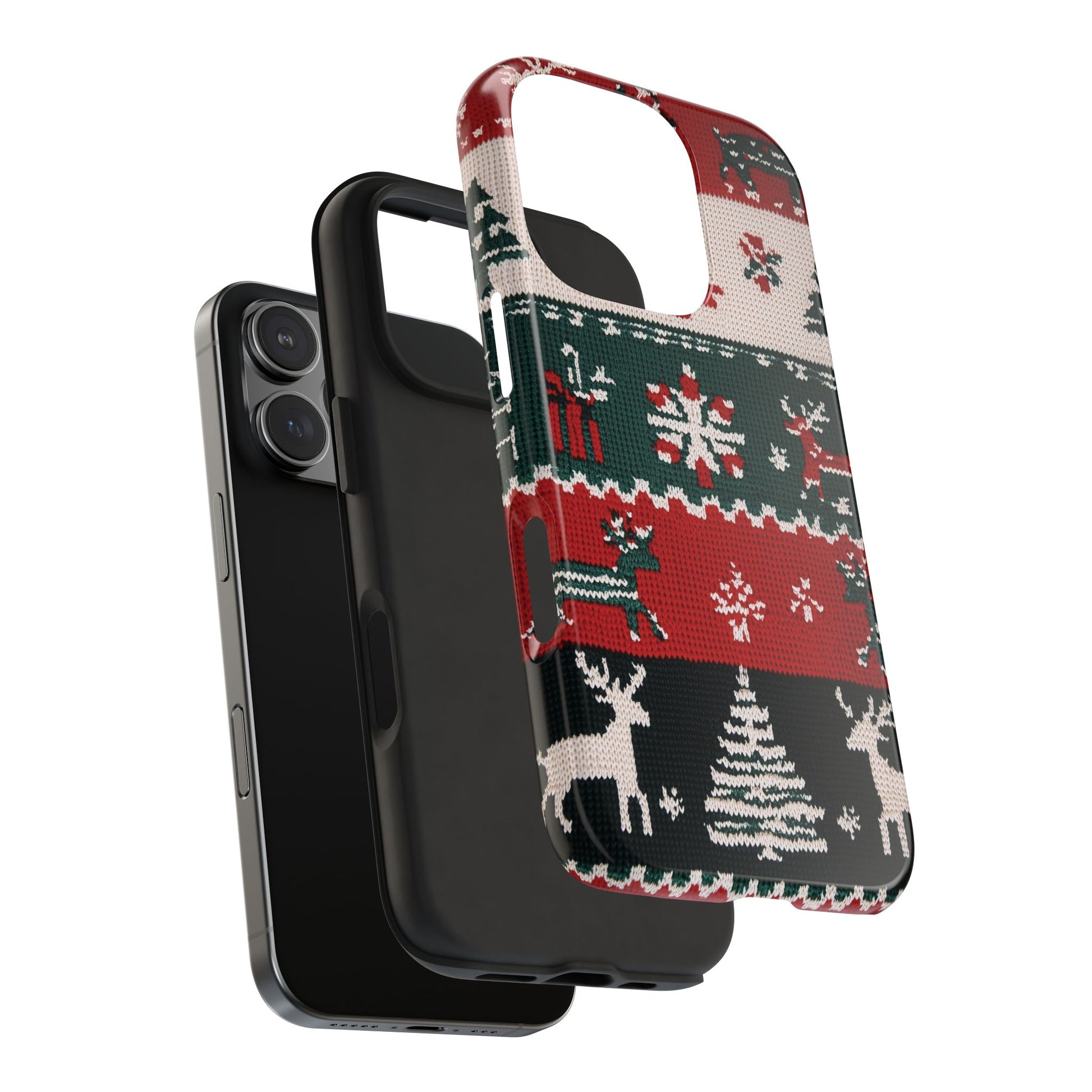 Ugly Christmas Sweater Phone Case Festive 3D Knit Textured Red White Green Holiday Knit Design Tree Reindeer iPhone 13 14 15 16 Pro Max