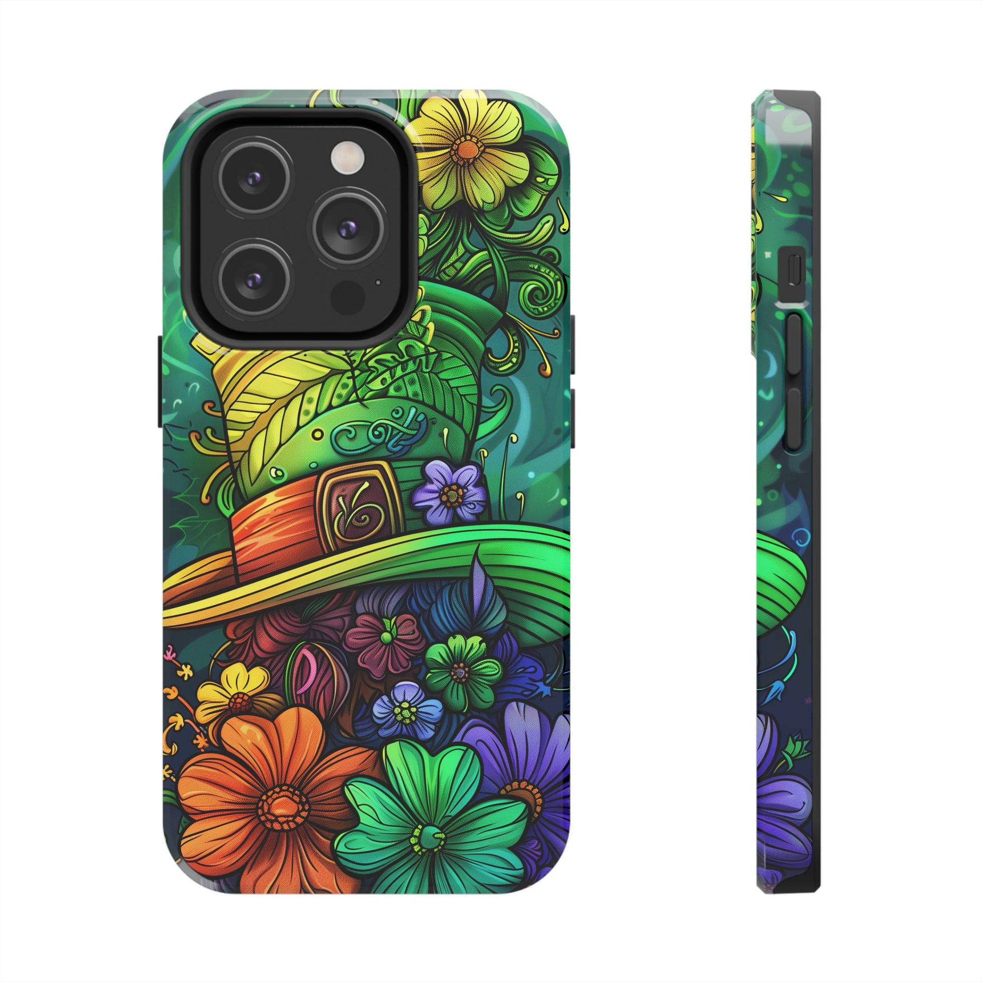 Rainbow St. Patricks Day Good Lucky Phone Case Green Shamrock Protective Tough Durable iPhone 13 14 15 16 Pro Max Plus Galaxy Top Hat Charm