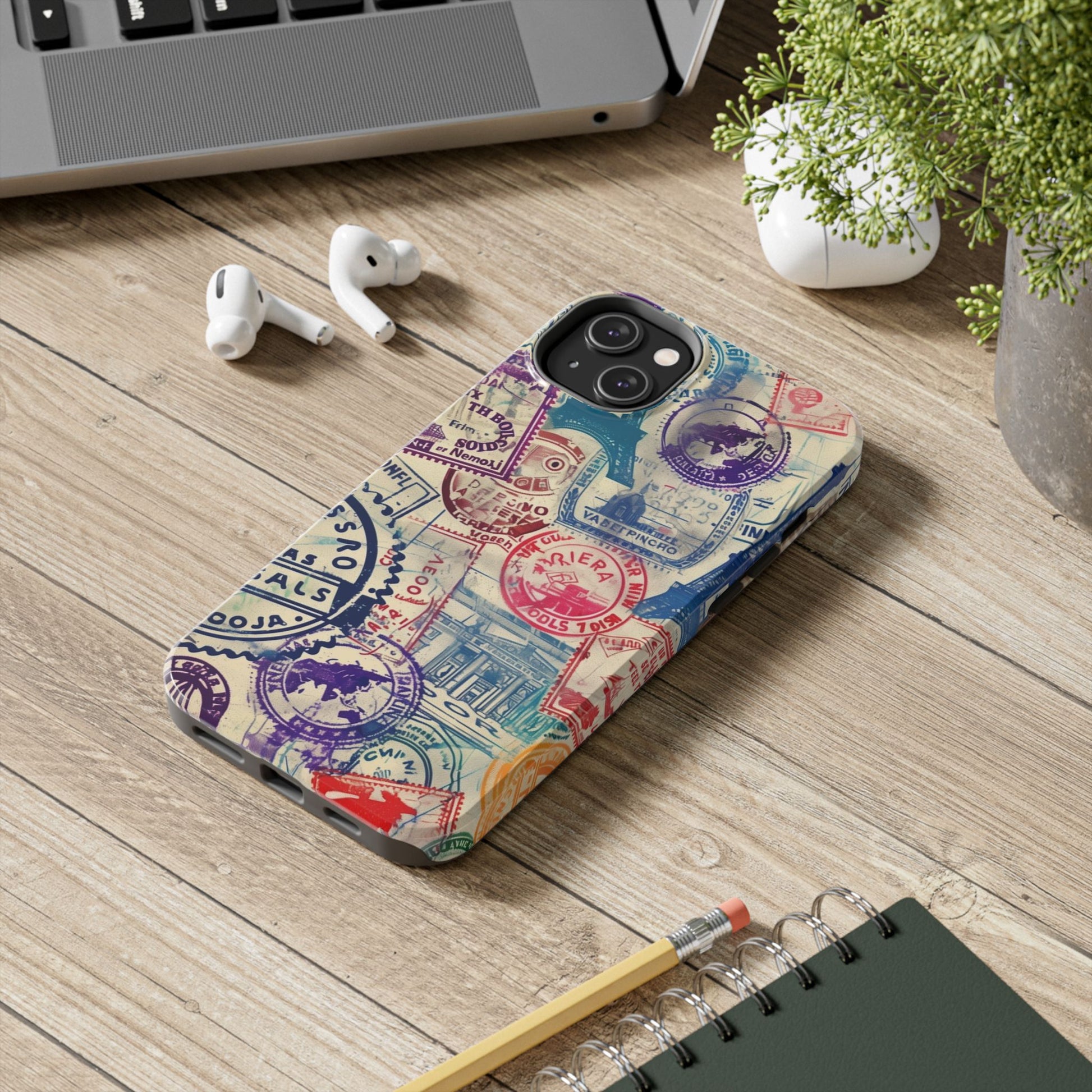 Travel Stamps Tough Phone Case - Durable Vintage Travel Stamps Design - Adventure Inspired Phone Case - Protective Case with travel stamps
