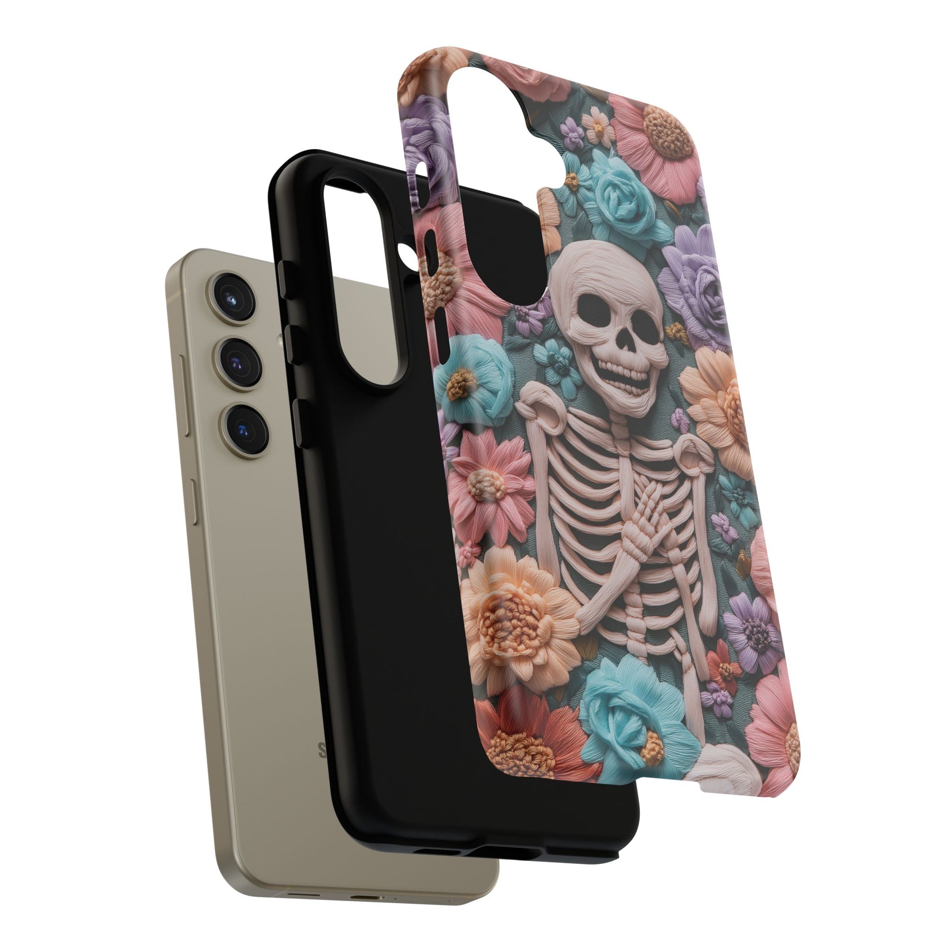 Embroidered Skeleton Gothic Cottagecore Halloween Phone Case 3D Look Flowers Pastel Custom 13 14 15 16 Pro Max Plus Galaxy Pixel