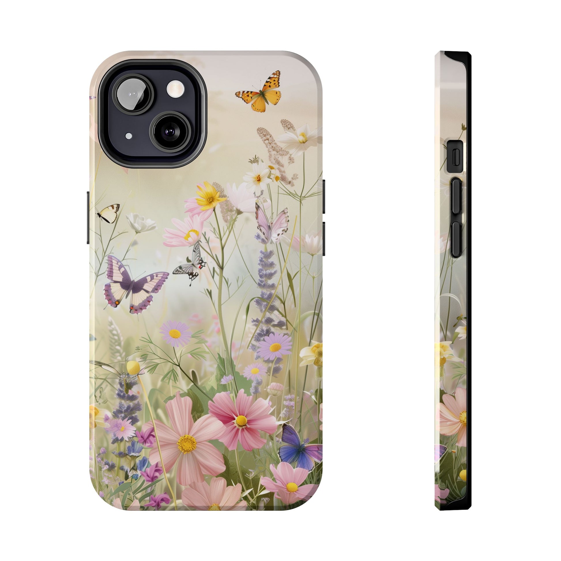 Butterfly Meadow Scene Cottagecore iPhone 15, Pastel Wildflowers & Butterflies, Natural iPhone Case, Cottagecore Garden Case, iPhone 14
