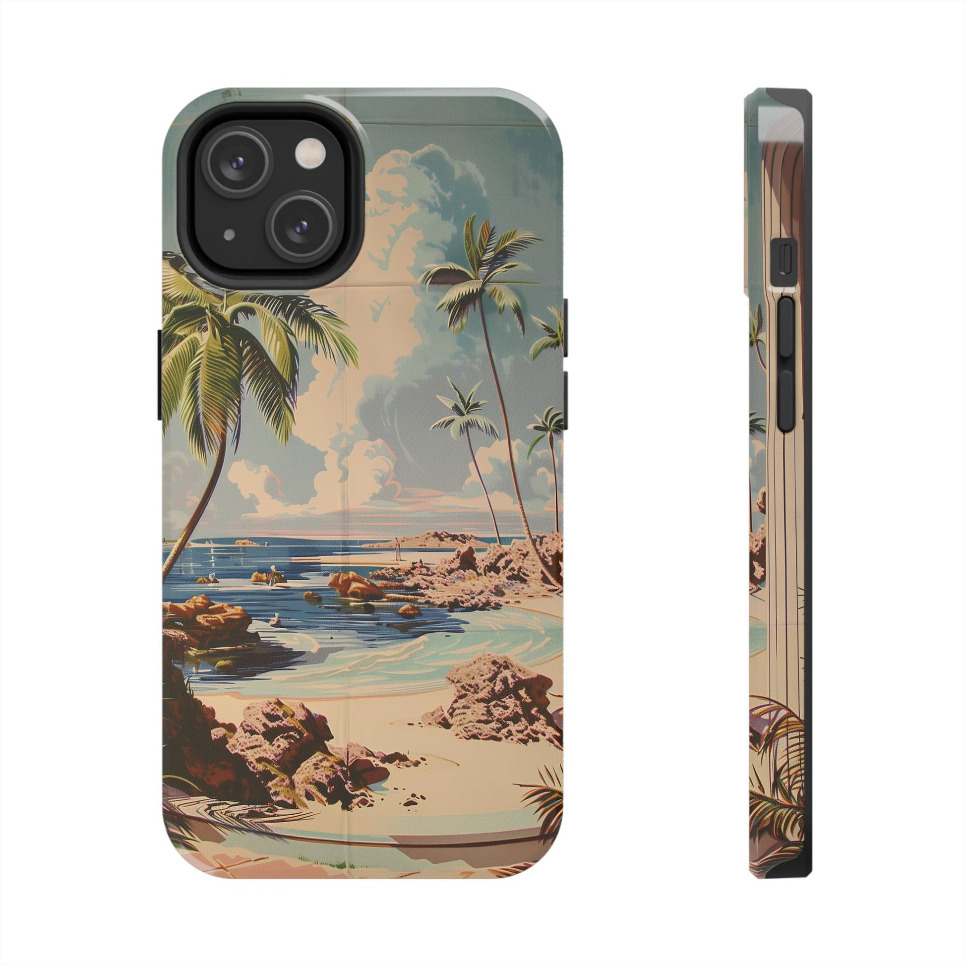 Beach Scene Phone Case Retro Vintage Tropical Ocean Summer Surfing Tiki iPhone 13 14 15 16 Pro Max Galaxy S24