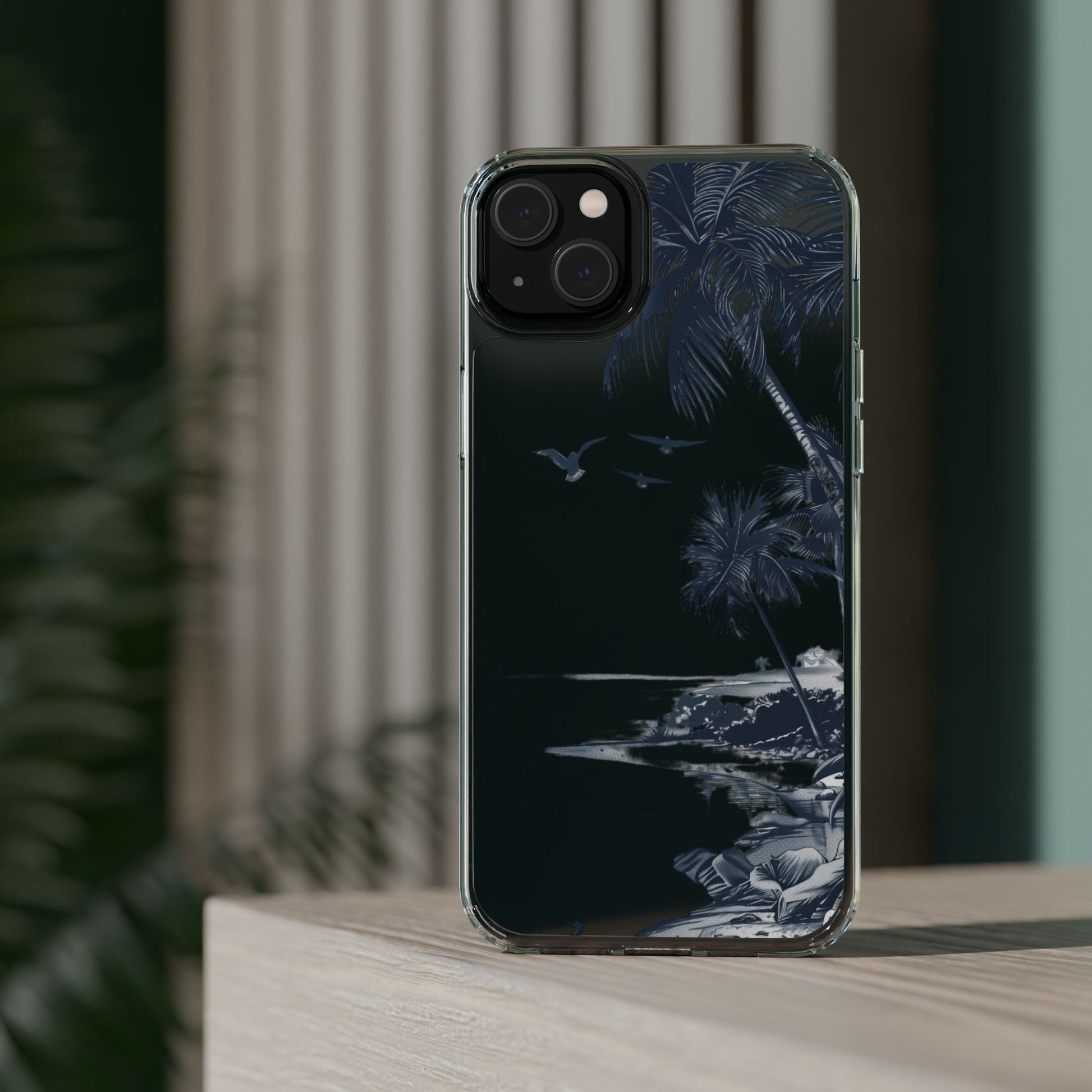 Hand-Drawn Art Beach Scene Clear Phone Case Tropical Palm Trees Surfing iPhone 13 14 15 16 Pro Max Galaxy S23