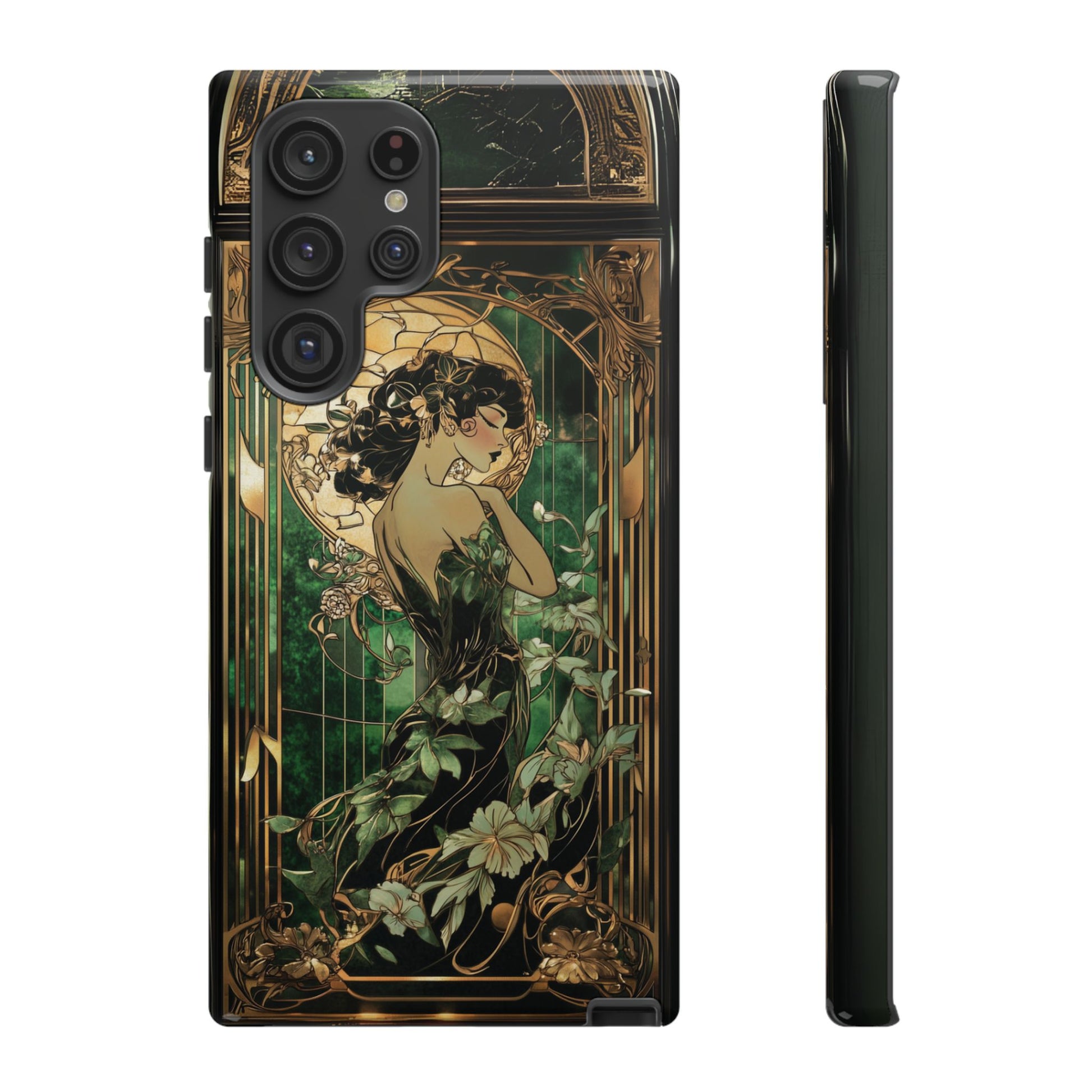 Art Deco Fairy Flapper Woman Phone Case 1920s Art Nouveau Design in Emerald & Gold Alphonse Mucha Style Gatsby Style Poster