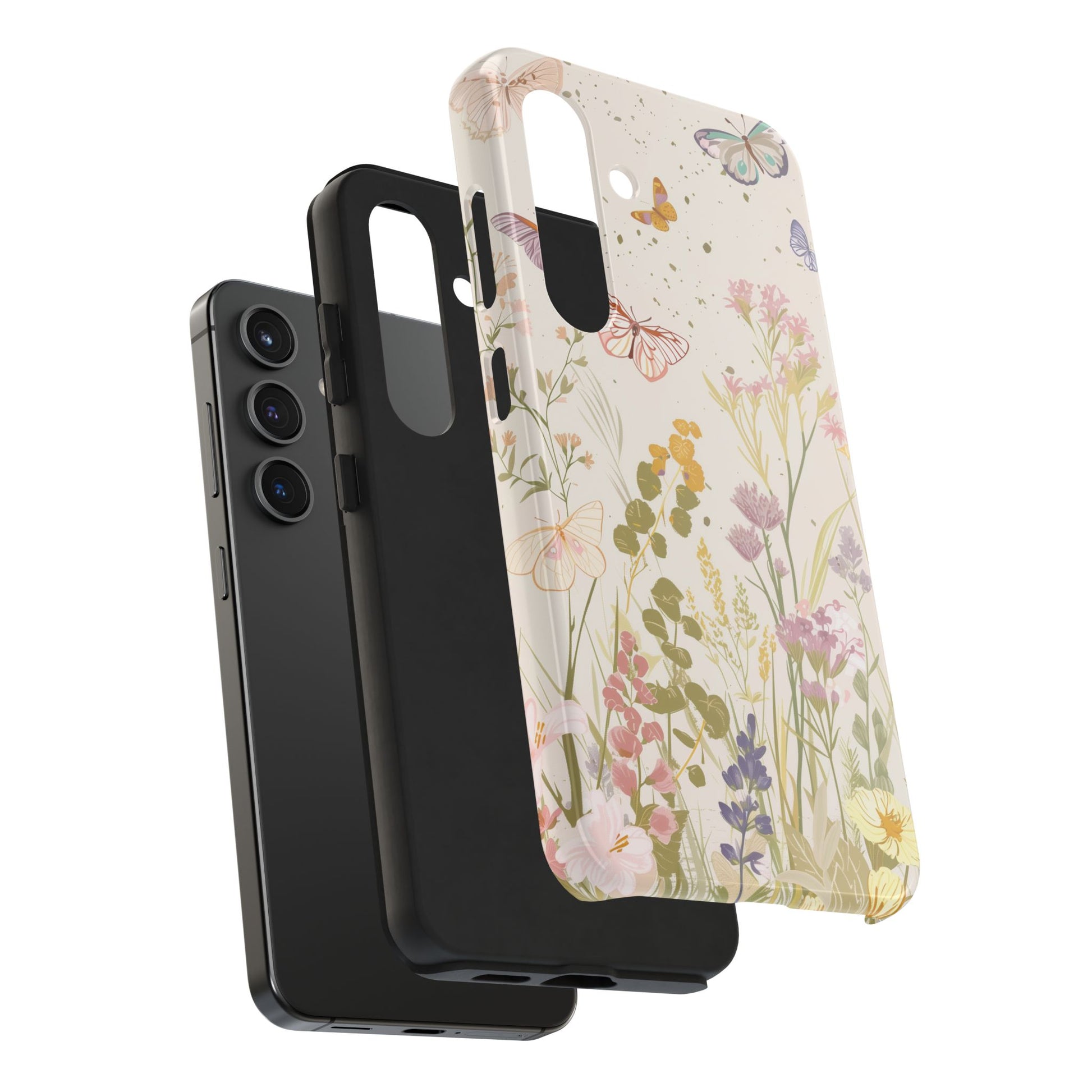 Butterfly Meadow Scene Cottagecore iPhone 15, Pastel Wildflowers & Butterflies, Natural iPhone Case, Cottagecore Garden Case, iPhone 14