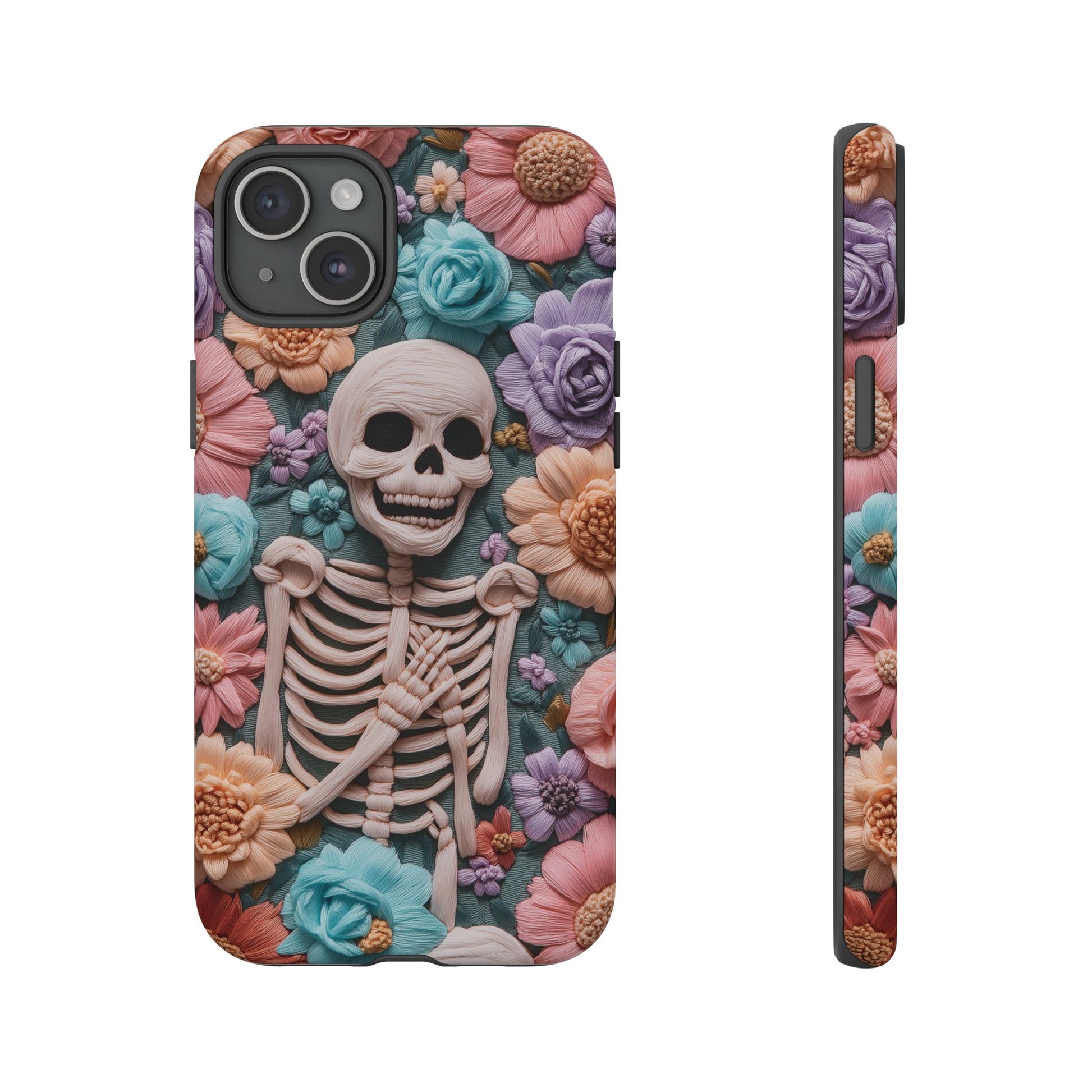 Embroidered Skeleton Gothic Cottagecore Halloween Phone Case 3D Look Flowers Pastel Custom 13 14 15 16 Pro Max Plus Galaxy Pixel