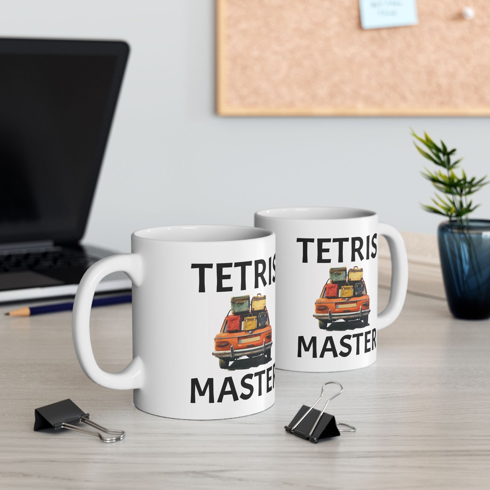 Tetris Master coffee mug with funny overpacked car trunk design
