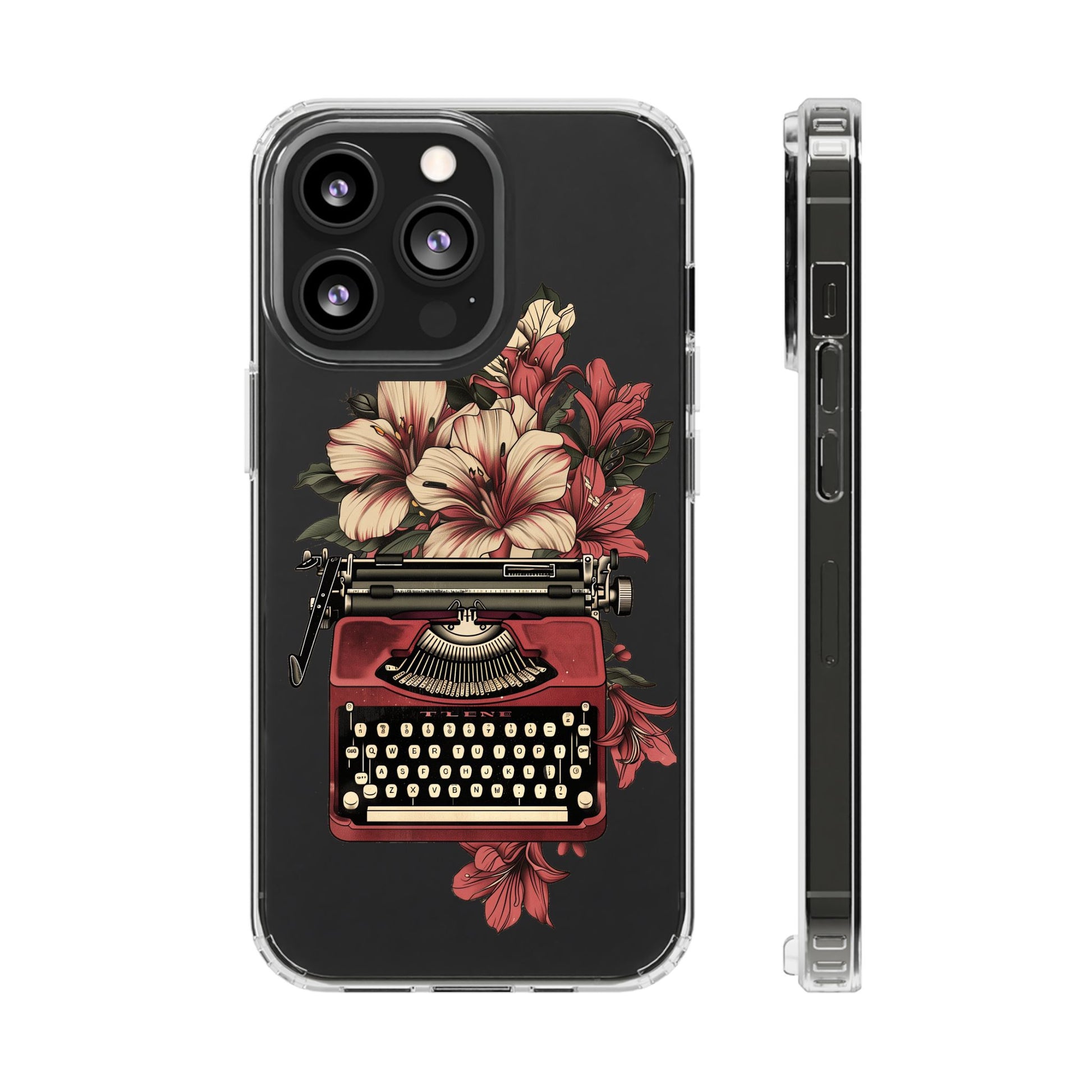 Dark Academia Clear Phone Case Vintage Typewriter Floral Accents Cottagecore Typography Nostalgic Typewriter iPhone 13 14 15 16 Pro Max