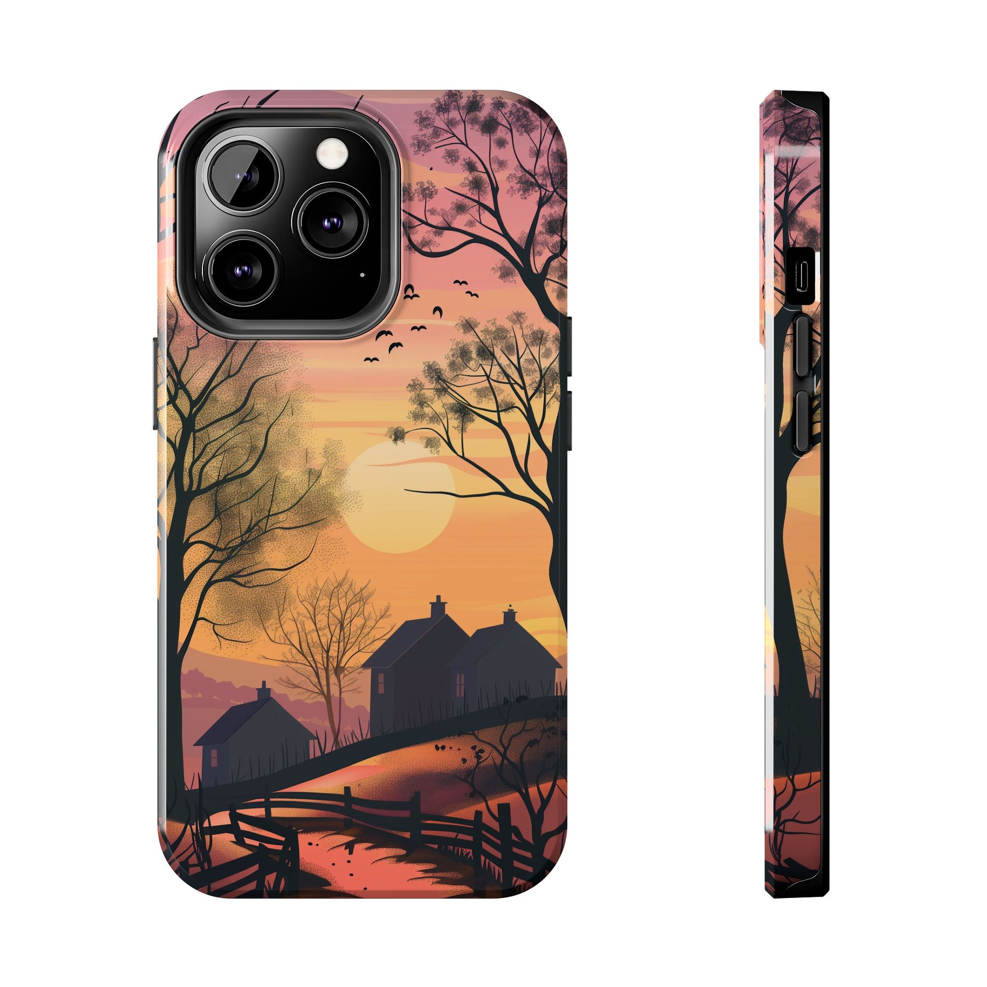 Cottagecore Countryside Sunset Phone Case Cottagecore Aesthetic, Tranquil Pastel Sky Gradient & Silhouette Trees, Whimsical Nature Art Cover