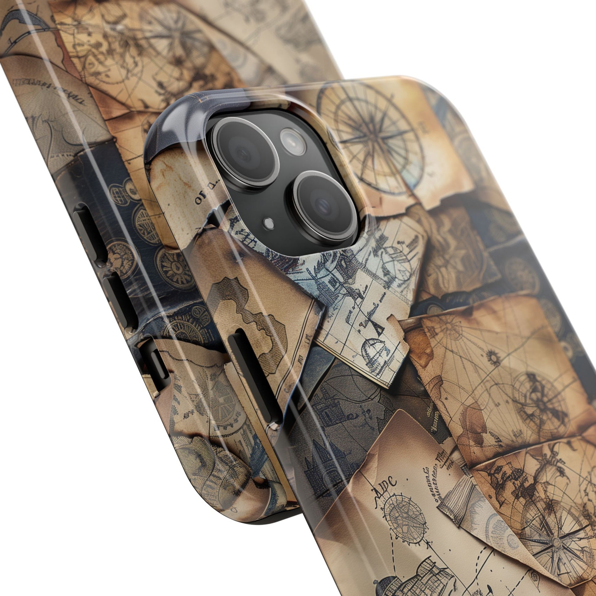Double Layer Adventure Phone Case - Protective Phone Case Vintage Map and Compass Design - Dual Layer Case with Map Print