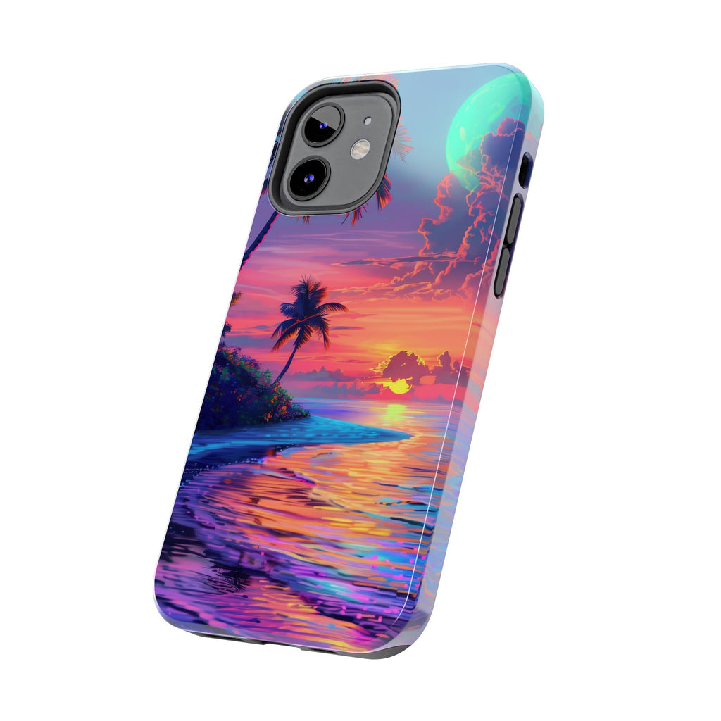 Tough Beach Scene Phone Case - Durable Phone Cover with Lisa Frank Inspired Beach Art - Protective Case with Vibrant Beach Design