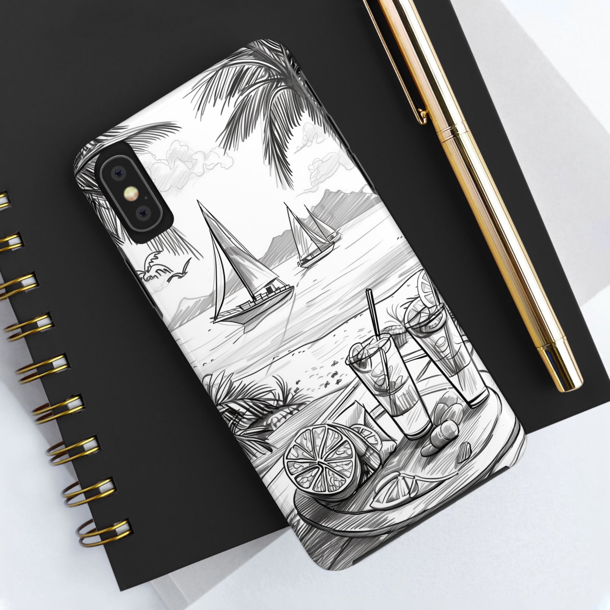 Beach Vibes Phone Case: Hand-Drawn Tiki Drinks & Tropical Paradise Design