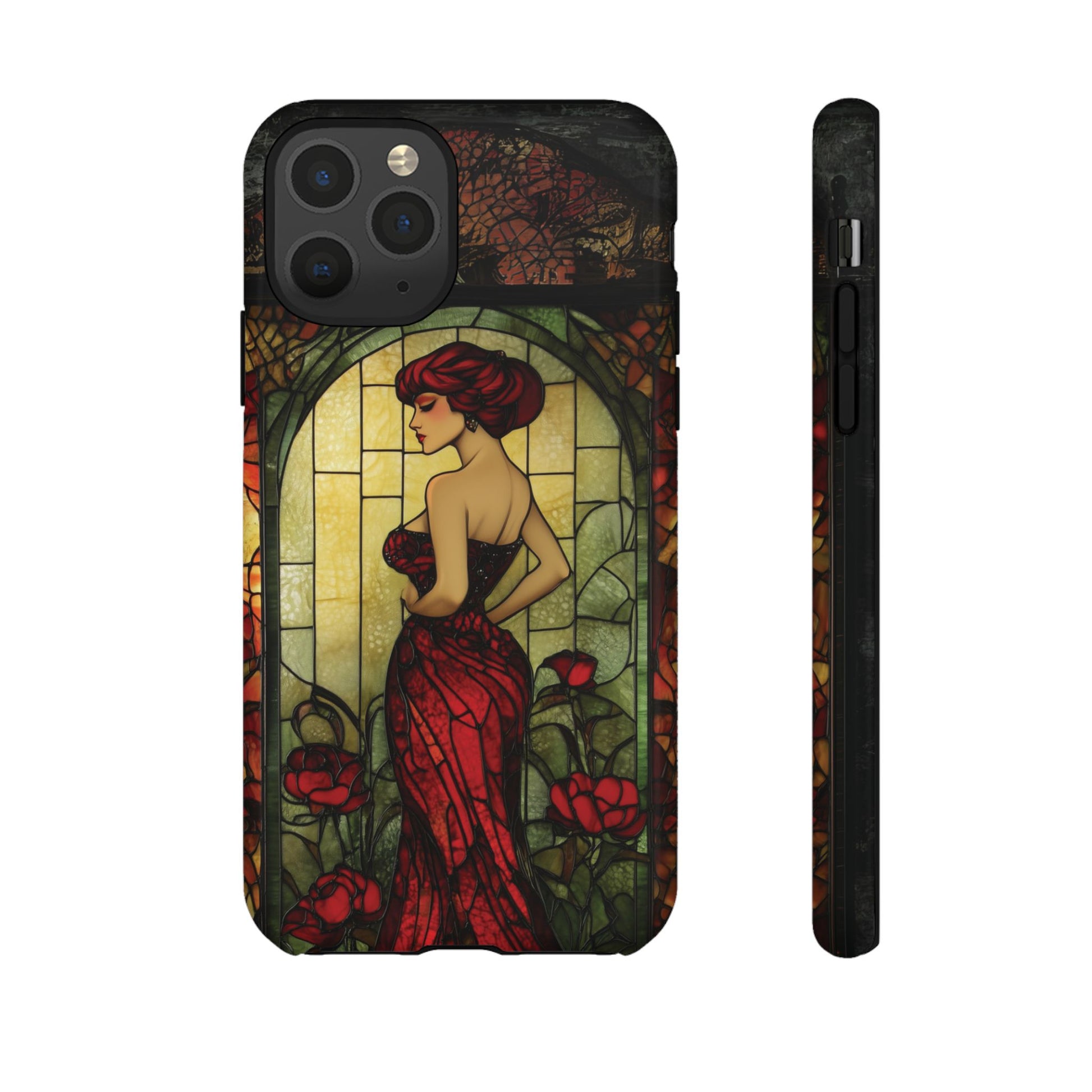 Art Deco Flapper Woman Rose Phone Case 1920s Art Nouveau Design in Red Stained Glass Alphonse Mucha Style Gatsby Style Poster