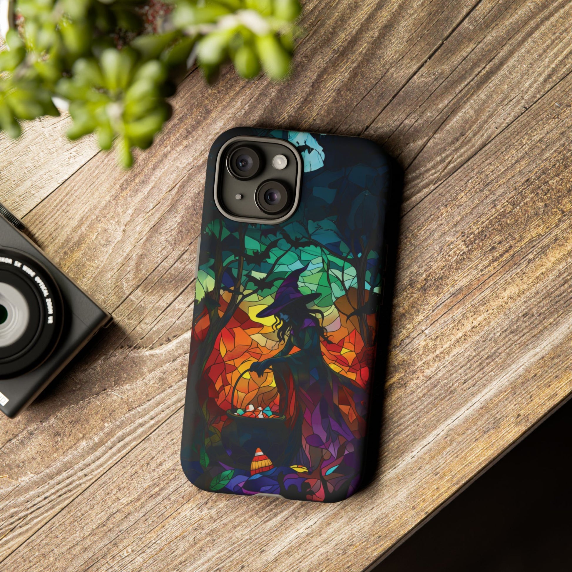 Halloween Witch Stained Glass Dark Academia Spooky Fall Witchy Pumpkin Bats Seasonal Fall Mosaic Case iPhone 13 14 15 16 Pro Max