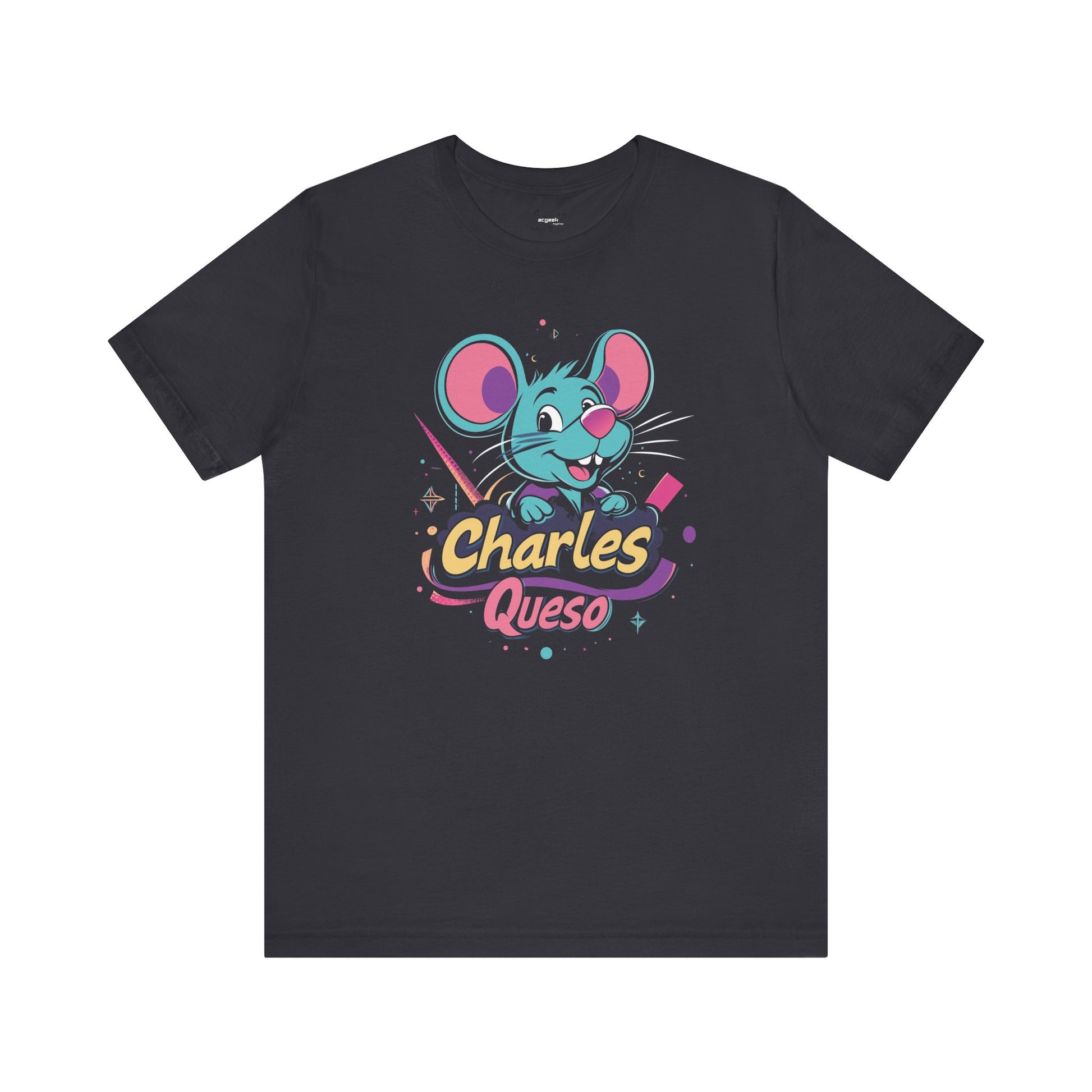 Charles Queso Mouse Logo Tee, Unisex Graphic T-Shirt, Colorful 80s Style Top, Retro Company Shirt, Gift for Mouse Lovers