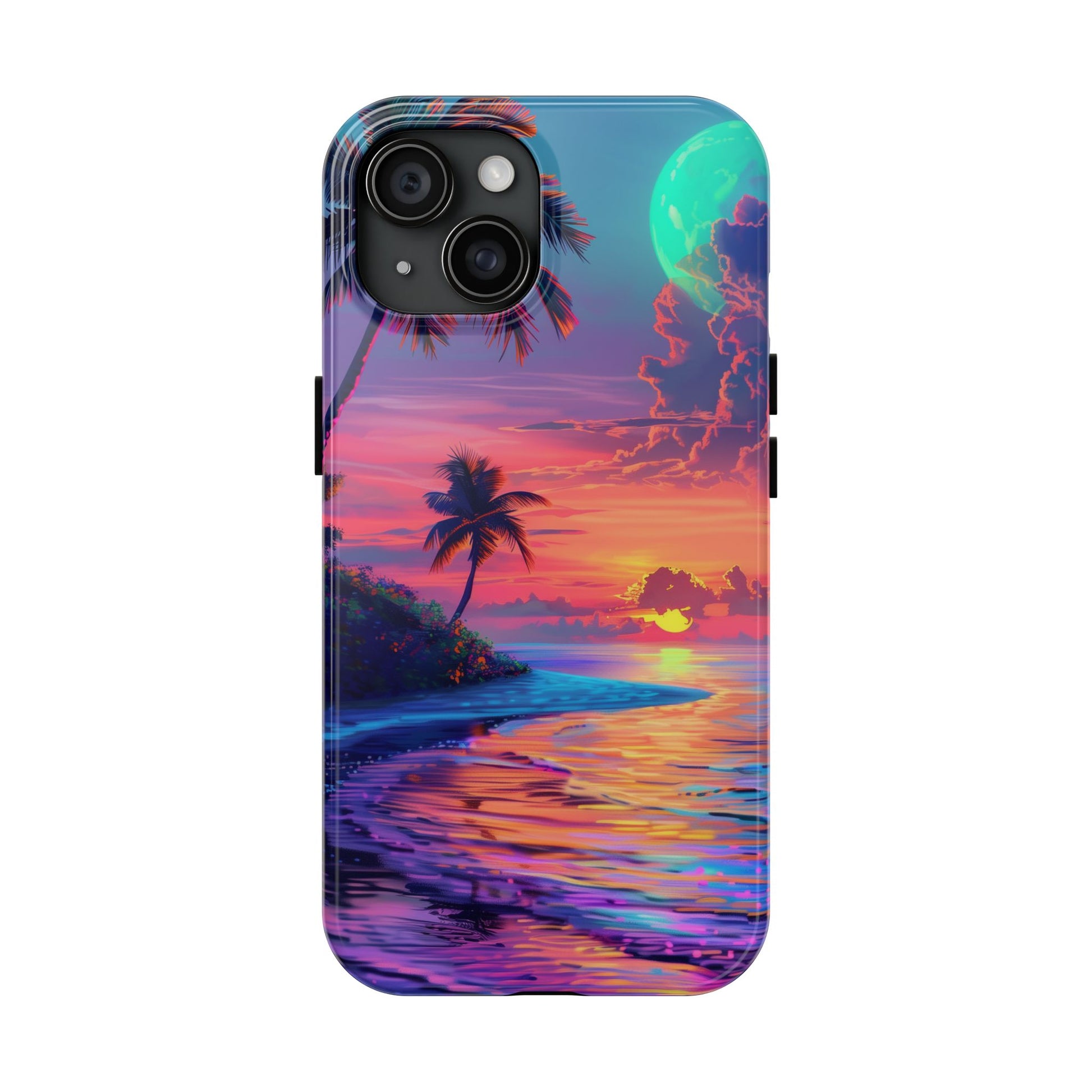 Tough Beach Scene Phone Case - Durable Phone Cover with Lisa Frank Inspired Beach Art - Protective Case with Vibrant Beach Design