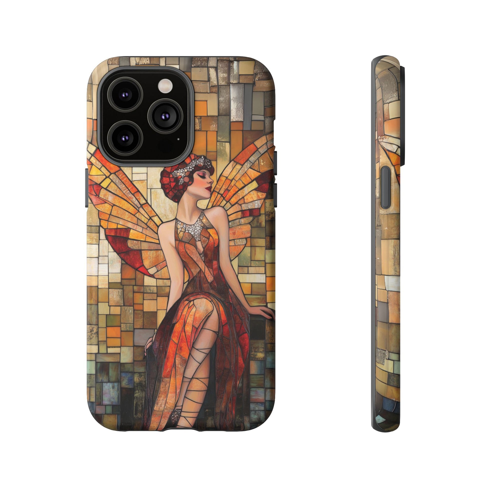 Phone Case Art Deco Flapper Fairy Woman Mosaic Stained 1920s Art Nouveau Design in Red Yellow Orange Alphonse Mucha Gatsby Style Poster
