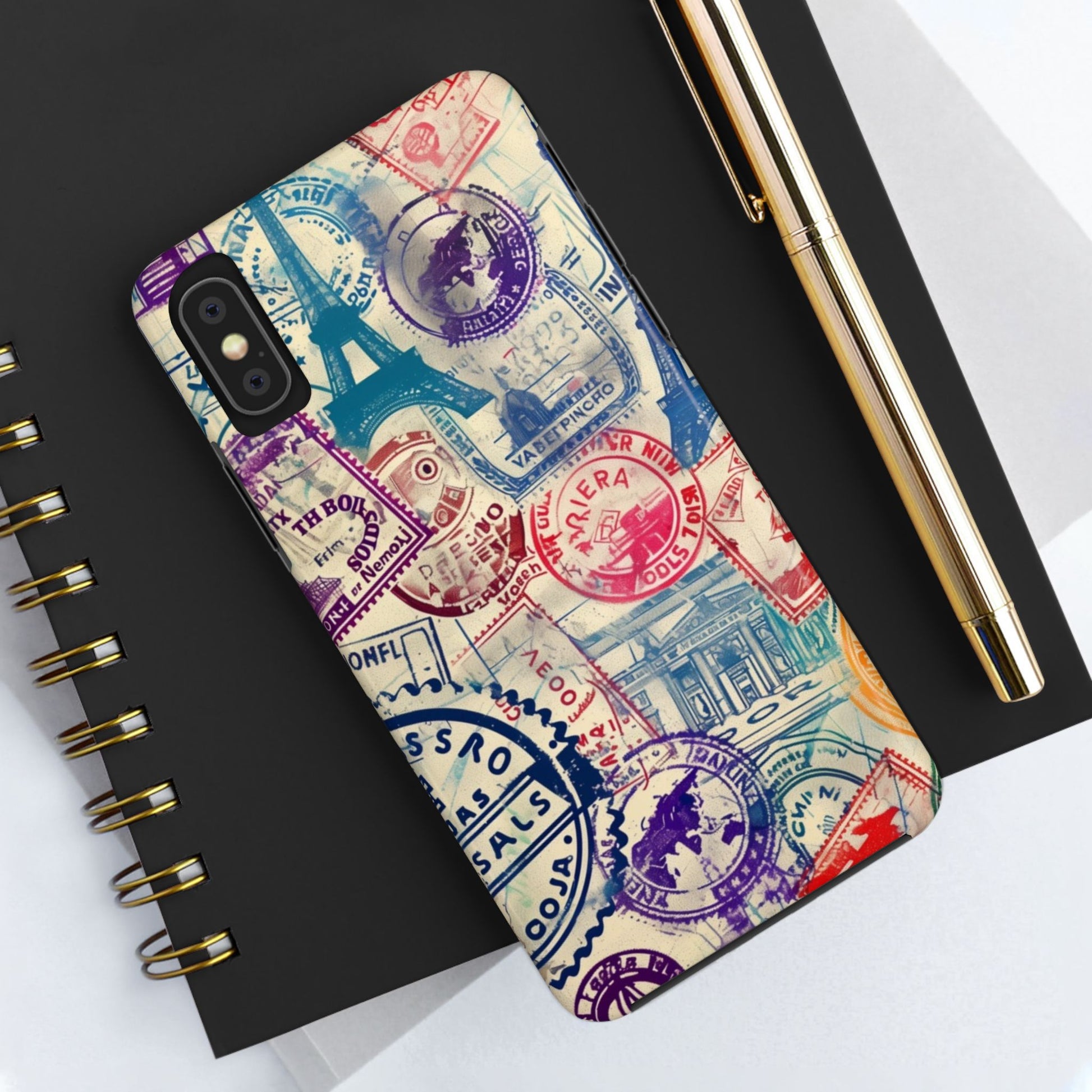 Travel Stamps Tough Phone Case - Durable Vintage Travel Stamps Design - Adventure Inspired Phone Case - Protective Case with travel stamps