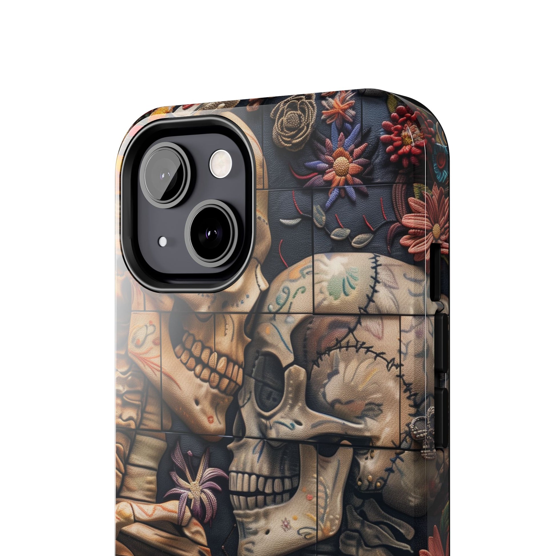 Embroidered Skeletons Phone Case, Flowers and Skulls, Halloween Cottagecore Day of the Dead, iPhone Dia de Los Muertos Gothic